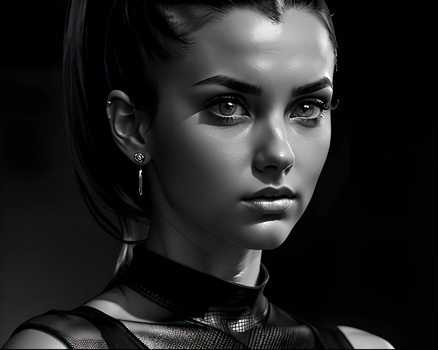 (black hair, ponytail, black top and white earrings, intense gaze, dark clothing, ultra-realistic, ultra-detailed, portraits, dramatic lighting), looking forward