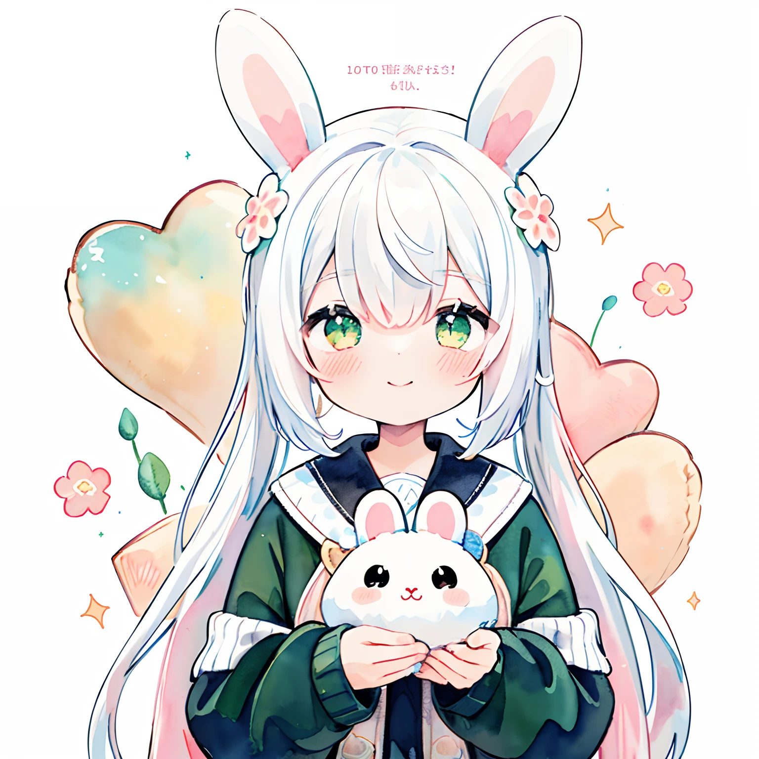 (PastelColors:1.5)、(Cute illustration:1.5)、(watercolor paiting:1.2)、(1 girl:1.0)、hair between eye、White background、White knitted long sleeve clothing, Good Style、Glitter in the heart、White and slightly green motif, White hair、Cute, Floral ornament on the head、Happiness is playing、celebration、Thanksgiving、shorth hair、Smile,Serene、Upper body, Fantasy, Detailed picture、A slight smil、Toyowa Toyowa、Lots of memory、a picture、Stuffed white rabbit、Holding a stuffed rabbit、the tips of the rabbit's ears are black,