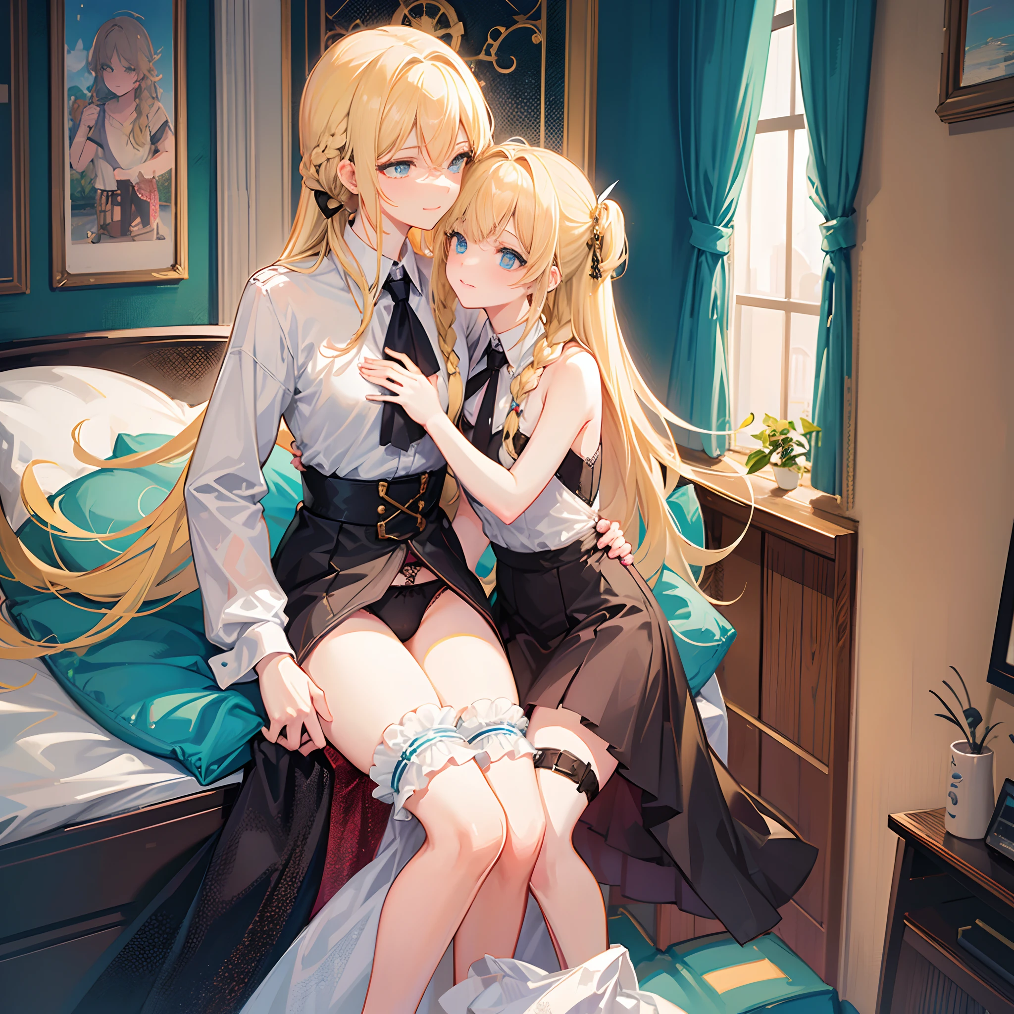 18-year-old blonde girl, Turquoise eyes, long-haired,Braid left and right, Underwear is in the bedroom..Kiss someone else....With a slightly smiling face..............