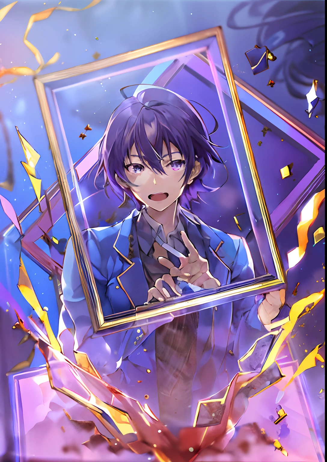 anime figure,There is a picture frame in front of you,cool guy,purple suit,black color hair,blue backdrop,Born from books