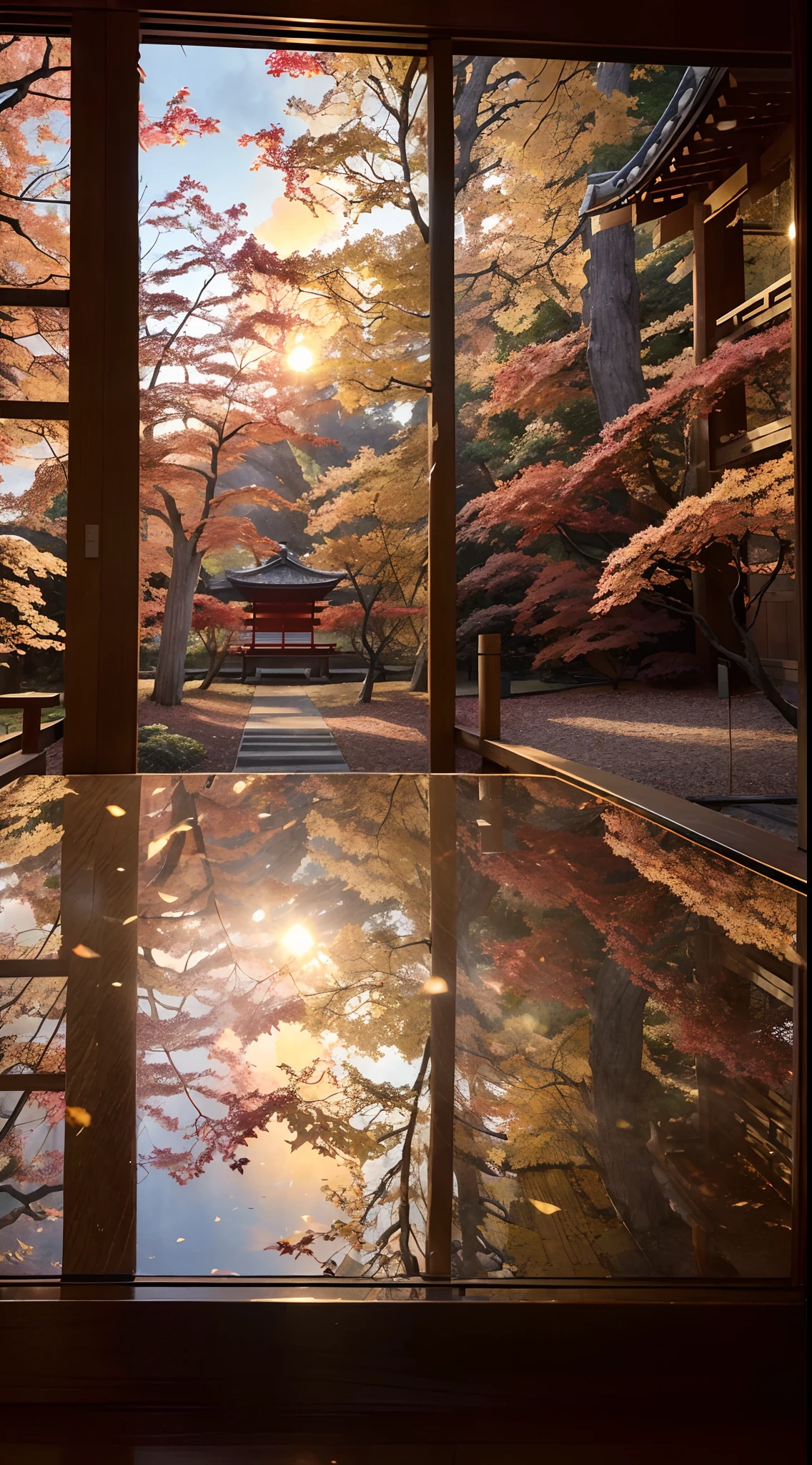 (((Sunset:1.5, Sunset light:1.3, Moody light:1.3, Cinematic light:1.3)))), Due to specular reflection of the Colinth Yard,The double layer depicts an illustration of the autumn leaf landscape, Chinese-style pavilion. At night, Ultra-detailed, ultrasharp, Digital illustration, place: Daitokuji Korinin Temple room time: Autumn theme: Specular reflection of autumn leaves The illustration depicts the specular reflection of autumn leaves on a table inside the ancient forest courtyard of Daitokukuji Temple. The table was in a quiet room like a tea room. The view of autumn leaves is clearly projected on the table. The view of the autumn leaves is believed to be seen from famous spots such as Yamamon and Hojo within Daitoku-ji Temple. in fall, Autumn leaves are dyed red and other colors, Yellow, and orange, Create an autumn atmosphere. (((In the illustration, Due to specular reflection,The autumn leaves are depicted in double layers: 1.5))), Further emphasize the beauty of autumn leaves. In addition, Specular reflections connect the interior and exterior landscapes of the precinct, It gives a sense of depth in space. Accessories such as shoji and smoke in the room Light outside the window Vividly expressing the color of autumn leaves Emphasizing the beauty of autumn leaves through specular reflection Expressing the interior space connected to the scenery of the area