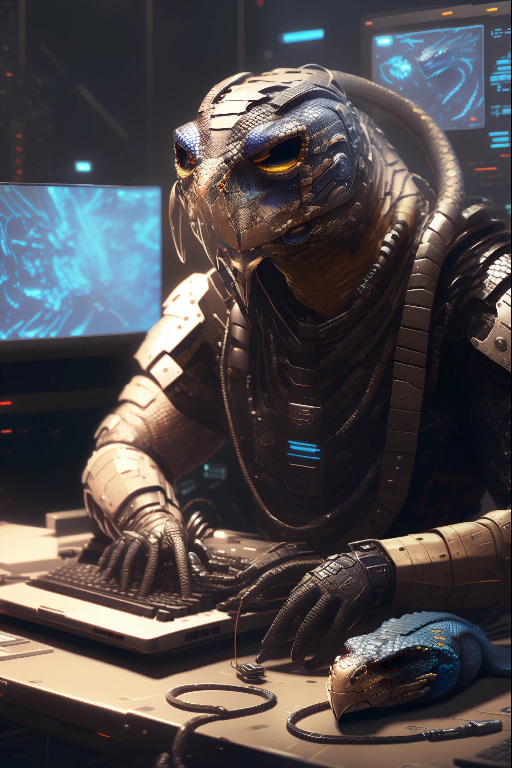 araffe wearing a mask and gloves sitting at a computer, a python programmer's despair, cryptopunk with pit vipers, reptilian cyborg, riding a cyborg raptor, python, snake human hybrid, cyberpunk hacker, creative coder with a computer, skin on the gaming pc, cyborgs working, hacknaut cyberpunk, snake from metal gear