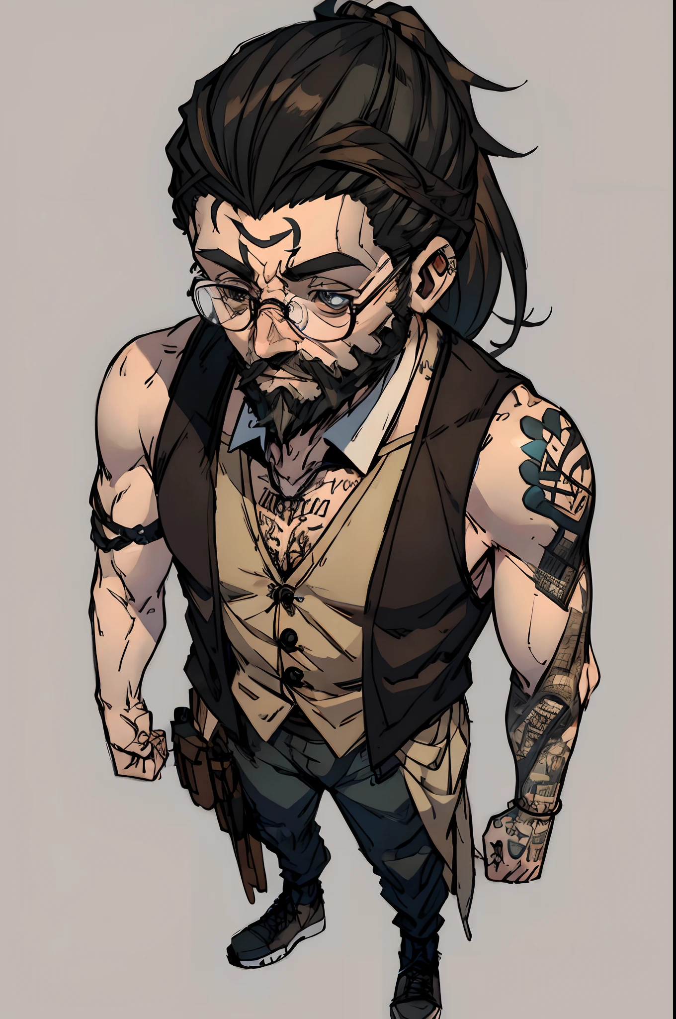 Slim man, old hipster man wearing a vest, tied up hair and tattoos on his arms, brown hair and beard, full body, detailed glasses, detailed eye