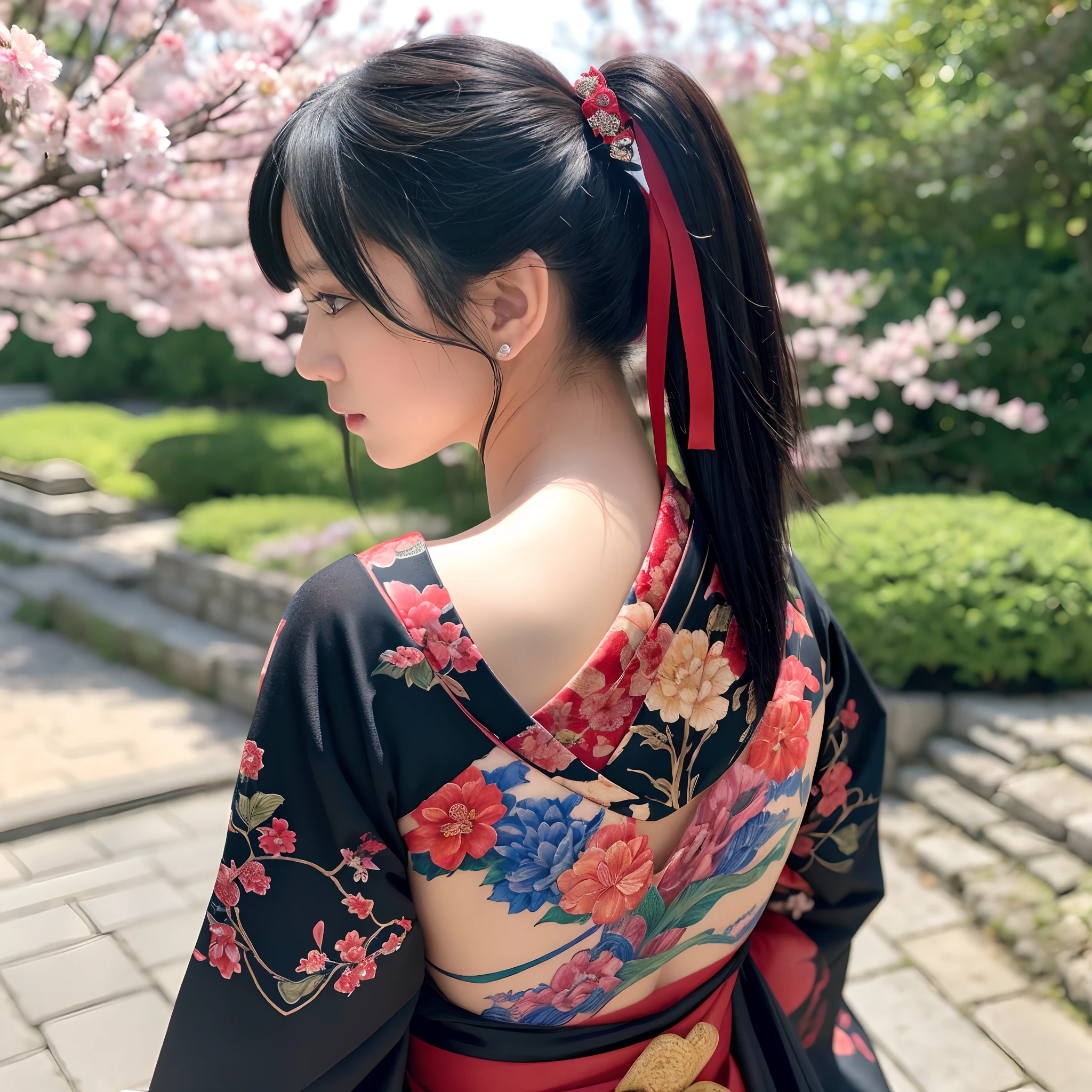 masutepiece, of the highest quality, Best Quality, Official art, Beautiful and aesthetic:1.2),1girl in, The tattoo, Solo, Komono, Red and black kimono, Hair Ornament, unsheathing, Black hair, scabbard, back tattoo, Dragon tattoo, Blue eyes, off shoulders, Bare shoulders, Looking back, from behind, flower, Looking at Viewer, Holding, makeup, plein air,Japan Oiran、High quality super detail and detail、