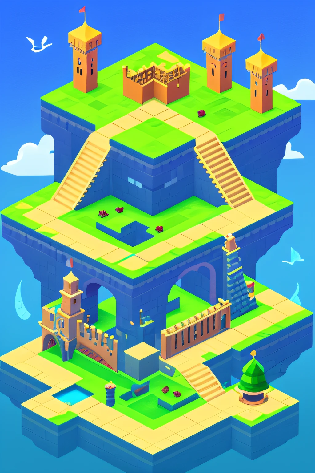 Cartoon-style illustration of castle with ramp and tower, Monument Valley style, isometric game, monument valley, incredible isometric screenshot, Fez video games, journey thatgamecompany, game screenshot, isometric island in the sky, maze like, maze like, video game screenshot, not isometric, Isometric art, isometric game art，Rolling staircase