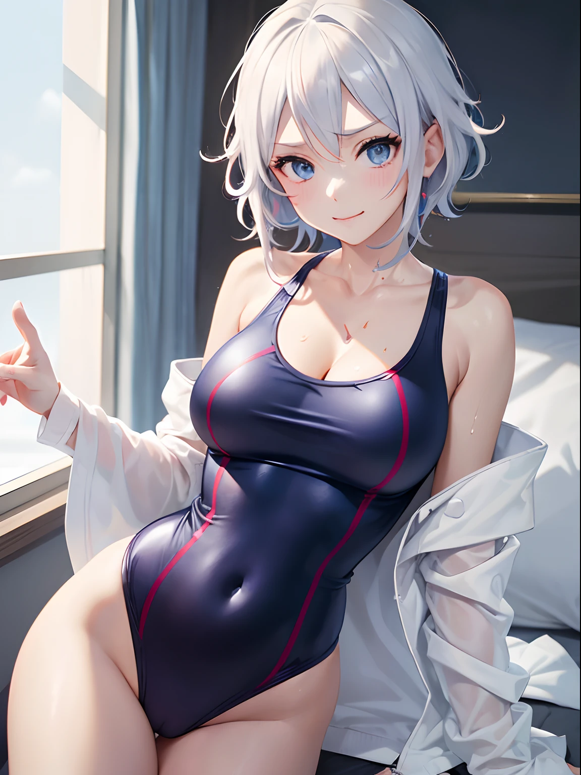 masutepiece, Best Quality, Highly detailed, hight resolution,Karen Stadtfeld,Blue eyes, Hair intake, Large breasts, Red hair, Short hair,spiked hair+,MKSKS style,(onepiece swimsuit:white:1.5)+ white_Swimsuit+,{{{livestream, Live stream screen view, Smile, }}}, Play button, Seeking, 1girl in, pajamas, White Mouth Mask, cleavage, {{{Text}}}, Comments by Bilibili, Sexy Pose,Sexy