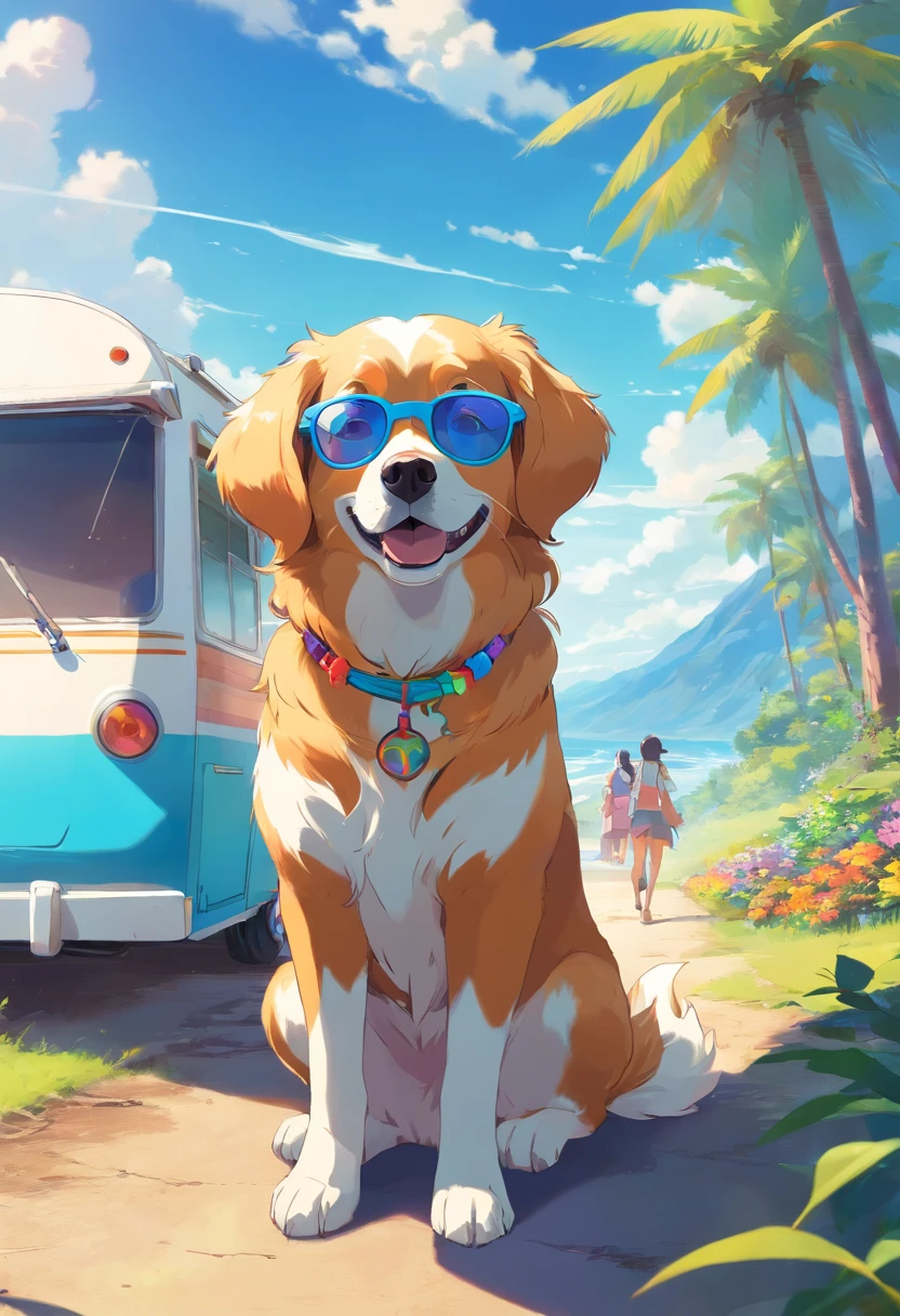 A colorful hippie dog with colorful glasses in the background of a caravan