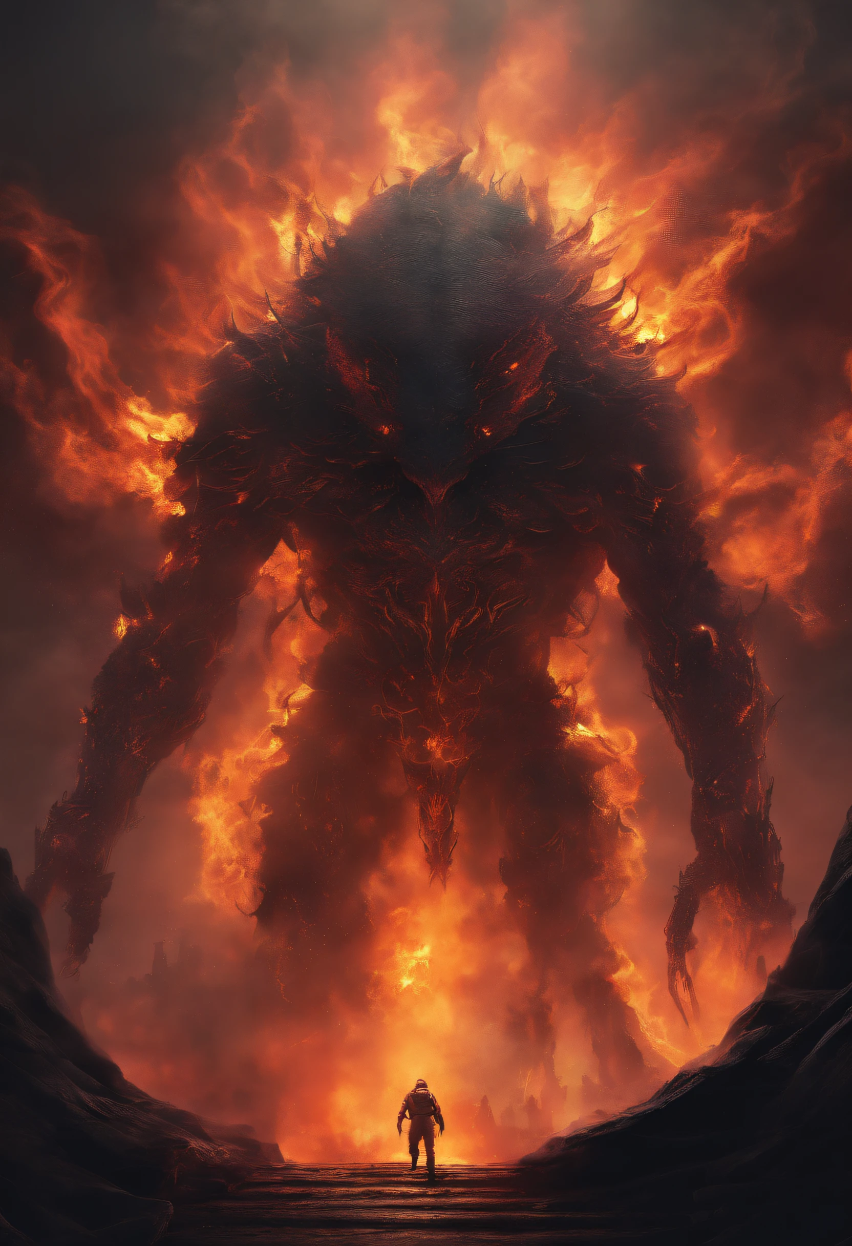 Otherworldly mysterious creatures, Terrifying atmosphere, Fire, Smoke, hyper photorealism, High quality, Masterpiece