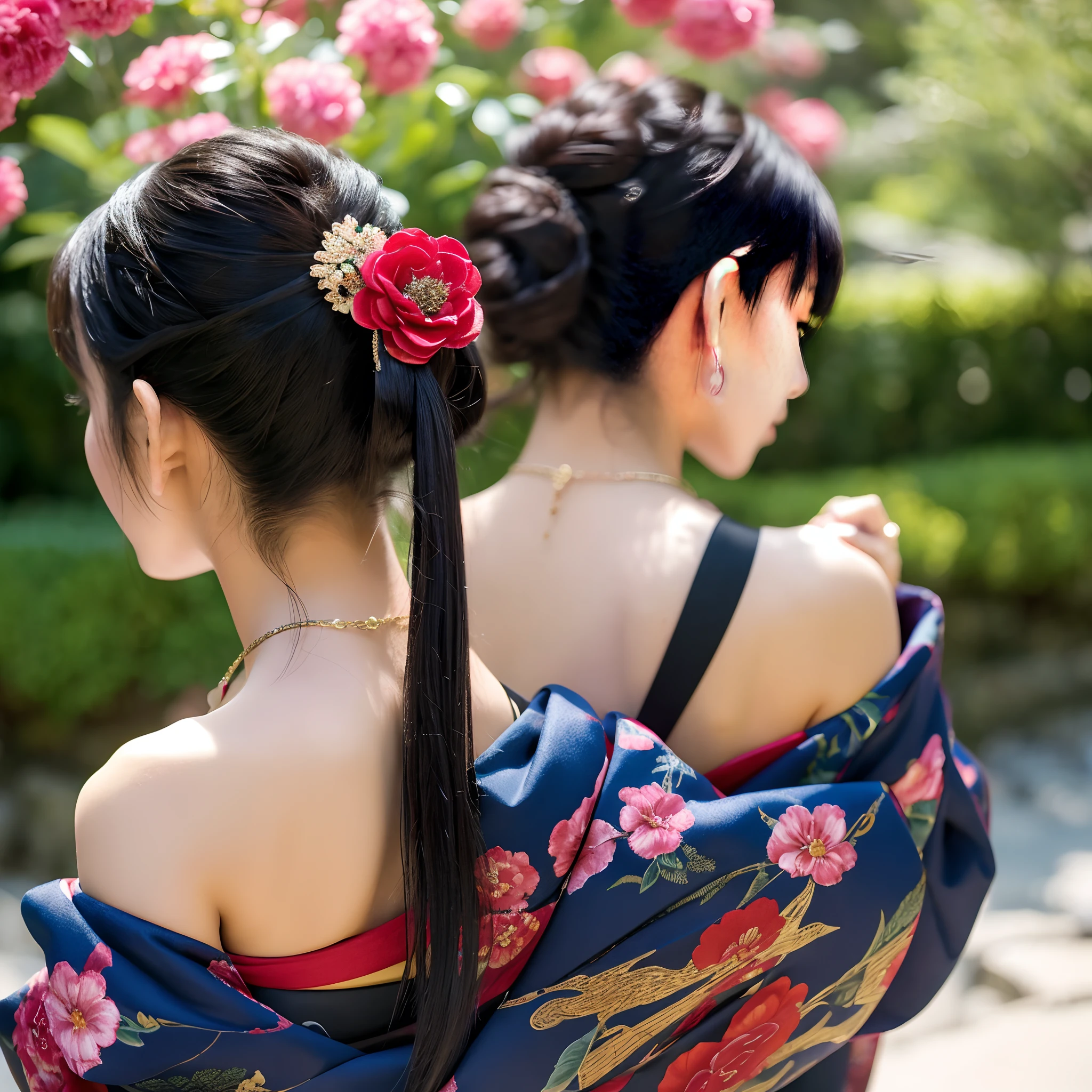 masutepiece, of the highest quality, Best Quality, Official art, Beautiful and aesthetic:1.2),1girl in, The tattoo, Solo, Komono, Red and black kimono, Hair Ornament, unsheathing, Black hair, scabbard, back tattoo, Dragon tattoo, Blue eyes, off shoulders, Bare shoulders, Looking back, from behind, flower, Looking at Viewer, Holding, makeup, plein air,Japan Oiran、High quality super detail and detail、