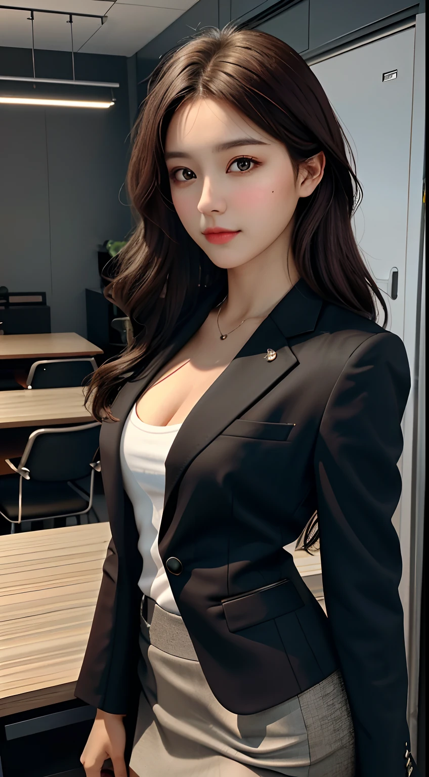 best quality, masterpiece, 1girl, Beautiful face, (photo realistic:1.3), rim lighting, (high detailed skin:1.2), 8k uhd, dslr, high quality, high resolution, 4k, 8k, Bokeh,  absurdres, best ratio four finger and one thumb, (realistic:1.3), cute 1girl, wearing black formal blazer, medium breasts, short skirt,