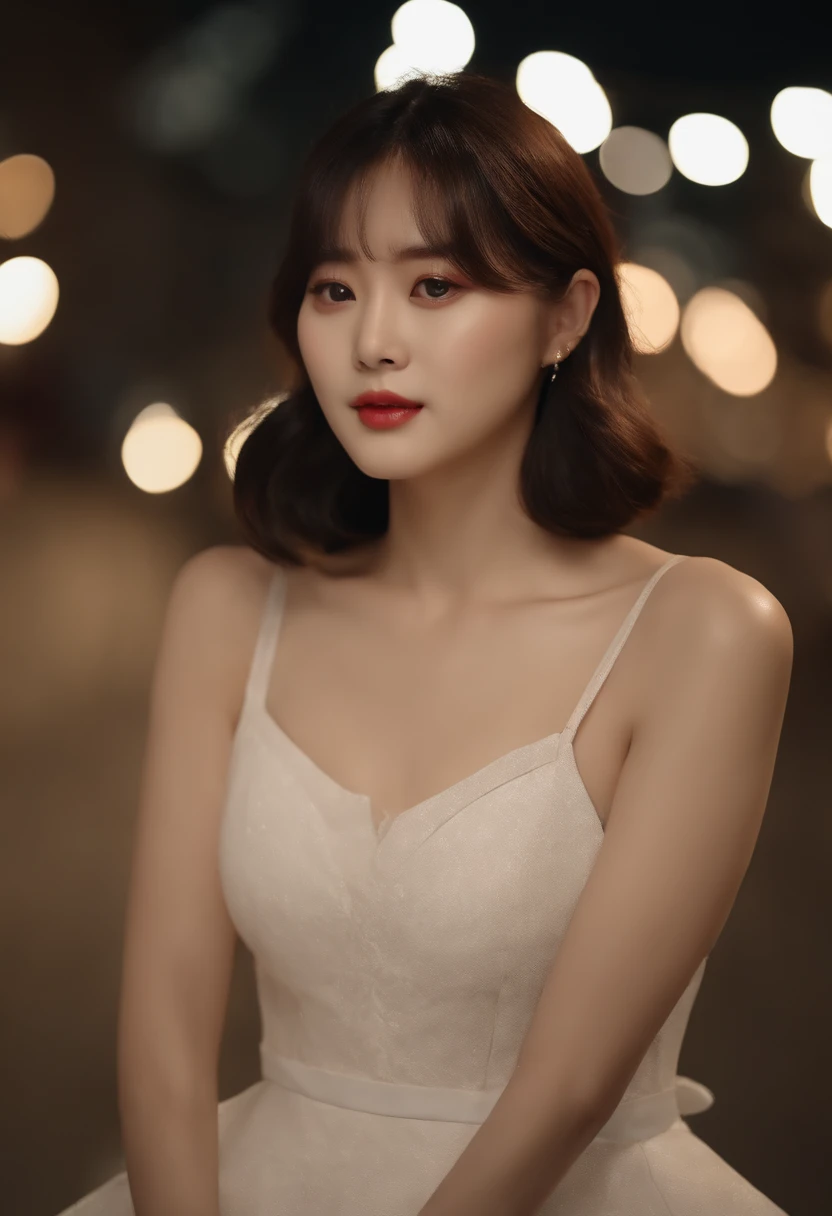 (1 Korean star with royal sister style), ((best quality, 8k, masterpiece: 1.3)), focus: 1.2, perfect body beauty: 1.4 , (funny expression), (night street: 1.3), highly detailed face and skin texture, fine eyes, double eyelids, whitened skin, (air bangs: 1.3), (round face: 1.5), (thin strap top: 1.4),