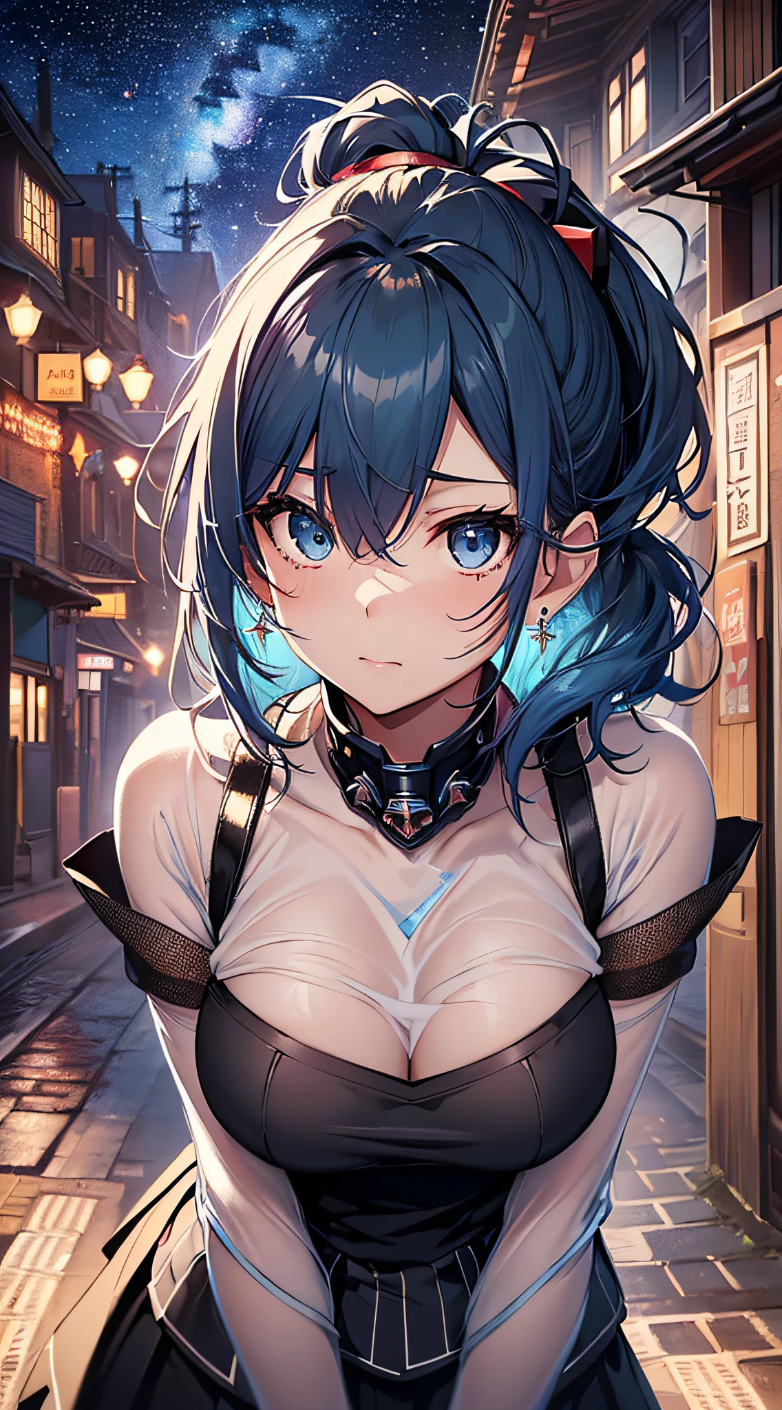 top-quality、Top image quality、​masterpiece、girl with((cute little、18year old、Best Bust、Medium bust、Bust 85,Beautiful blue eyes、Breasts wide open,Black Short Sleeve T-Shirt、White see-through、Black short skirt、Ponytail with black hair、Beautiful blue earrings、A slender、Blue hair mesh、、Leaning forward、Poses that emphasize breasts、Drunk、Being drunk、close to viewer、Kamimei、From  above、Shy face、dye one's cheeks red、POV POV Perspective、Zero distance to the viewer、hug)）hiquality、Beautiful Art、Background with((Red and blue lighting、Planetarium Town、Beautiful starry sky、Illumination Town)),masutepiece、Elaborate design、visualart、depth of fields、The best lighting、highestdetailed、8ｋ
