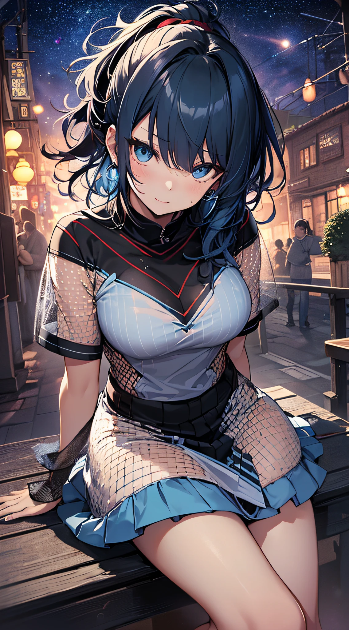 top-quality、Top image quality、masterpiece、girl with((cute little、18year old、Best Bust、Medium bust、Bust 85,Beautiful blue eyes、Breasts wide open,Black Short Sleeve T-Shirt、White see-through、Black short skirt、Ponytail with black hair、Beautiful blue earrings、A slender、Blue hair mesh、、Leaning forward、Poses that emphasize breasts、Drunk、Being drunk、close to viewer、Kamimei、From above、Shy face、dye one's cheeks red、POV POV Perspective、Zero distance to the viewer、hug))hiquality、Beautiful Art、Background with((Red and blue lighting、Planetarium Town、Beautiful starry sky、Illumination Town)),masutepiece、Elaborate design、visualart、depth of fields、The best lighting、highestdetailed、8k