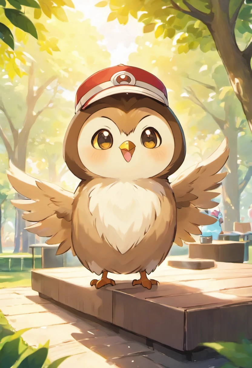 A cartoon owl with big eyes and fuzzy feathers is sitting on a coffee table in a park. The sun is shining and there are a lot of people walking and playing. The owl is taking a sip of coffee from a small cup and smiling to herself. She is wearing a coffee cap with the symbol of an owl on it.