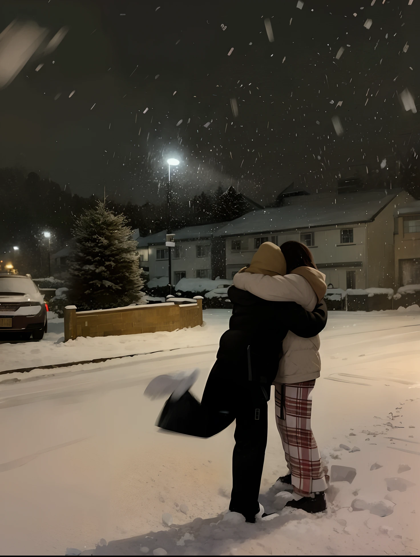 Two people hugged in the snow on the street, only snow in the background, 😭 🤧 💔, snowfall at night, 1614572159, nevando, snowing outside, snowing outside, Hugging, during snowfall, snowflakes falling, Standing in the snow, snowy night, in the middle of a snow storm, In the snow