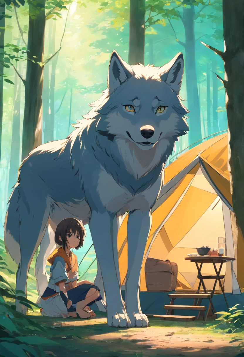 An 1850s humanoid wolf in the woods leaning against a tent table in the background