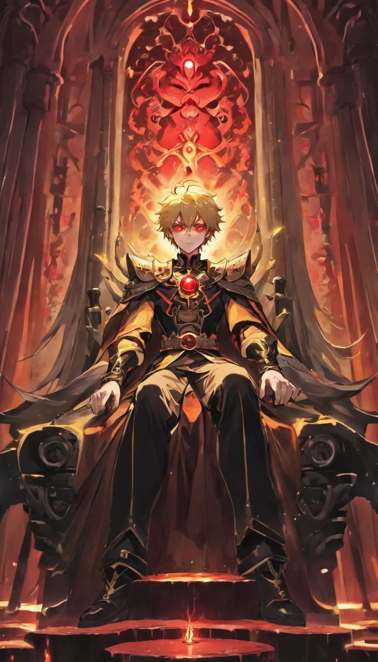 A head of blonde hair, The red-eyed prince sits on a majestic throne inside an abandoned palace. The environment around him was dark and gloomy, There are cracks in the walls,Spider webs hang there. The throne is gorgeous, Gold and gemstone details, And covered with a dusty cloth. The protagonist wears royal costumes, with a determined expression on her face, As he stared at the horizon with glowing red eyes