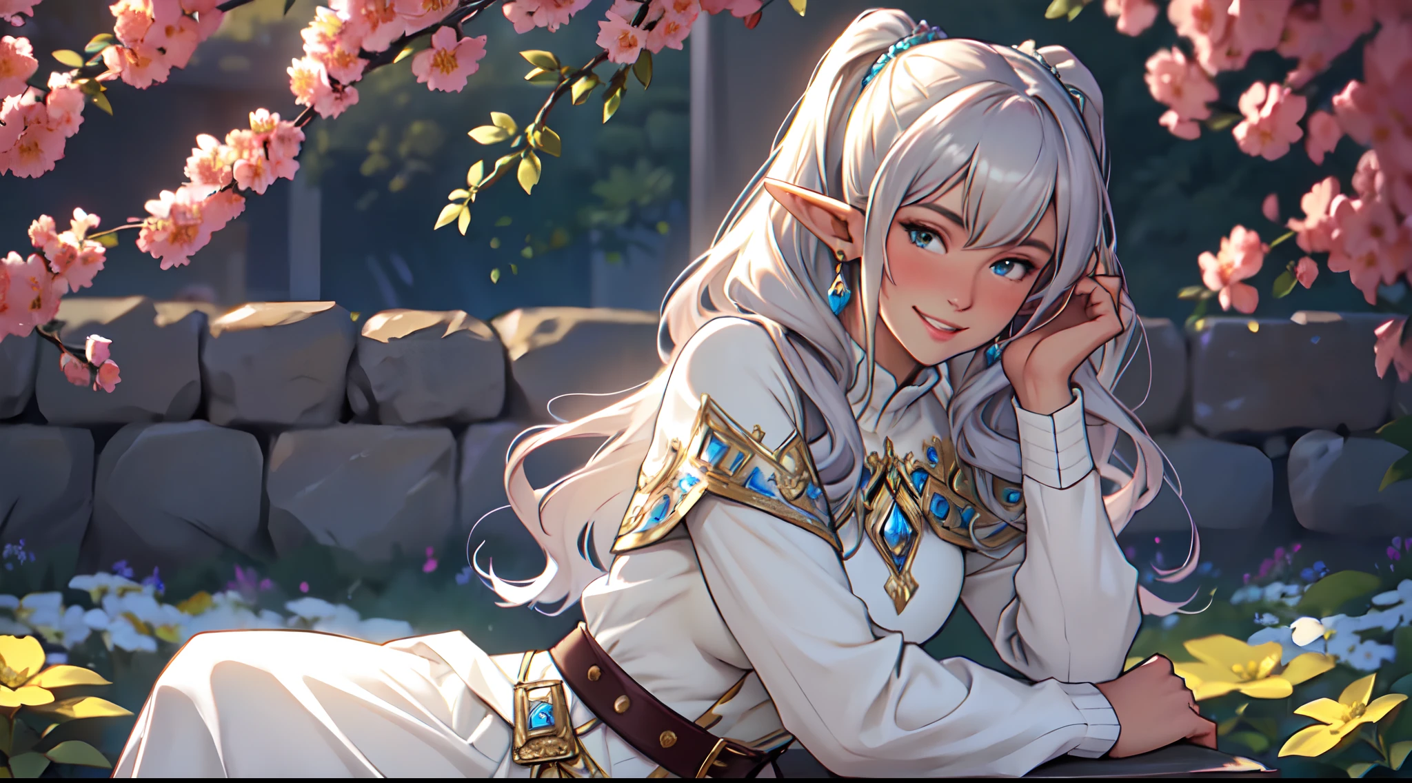 masterpiece, best quality, ultra-detailed, glowing light, (detailed background, complex background:1.2), (perfect face, detailed face), (mature female, milf:1.4), full-face blush, smile, parted lips, thighs,
frieren, 1girl, long hair, pointy ears, twintails, jewelry, elf, earrings, capelet, white capelet, long sleeves, parted bangs, dress, belt, flower
(outdoors, garden, sitting, arms support)