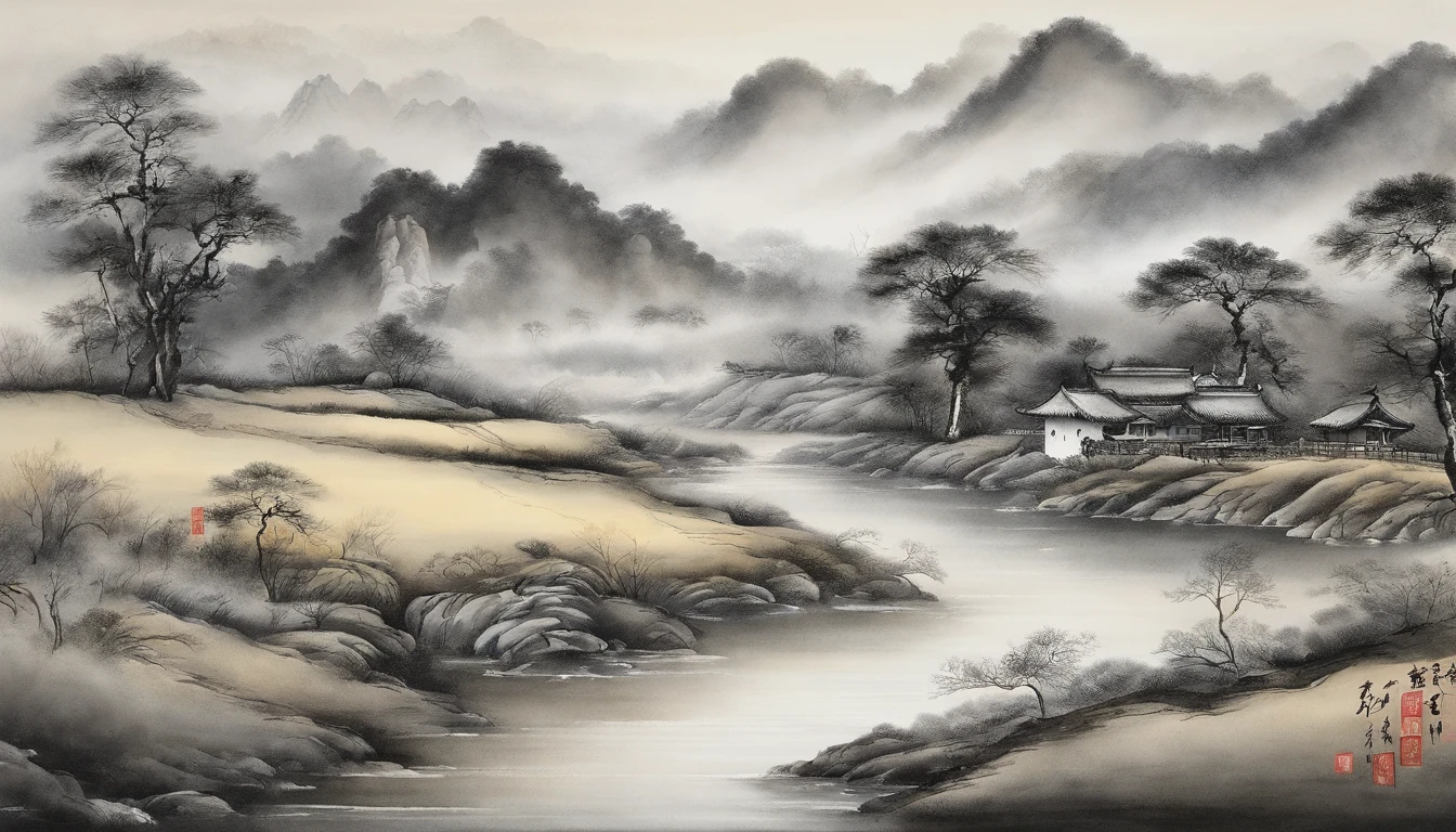 The poor in rags walk through the field with a bundle of grass, ren xun and maruyama ōkyo, author:Cui Bai, author:Gu An, author:Lee Young-jin, author:Xu Beihong, author:Ji Yunfei, author:Chen Daofu, author:Dong Qichang, author:Gaige, author:Li Di, author:Guan Daosheng,Black and white ink painting,Black and white gray,(Chinese landscape painting),(ink and watercolor painting),(8k wallpaper),Extremely detailed picture depiction,wide angles,depth of fields,tmasterpiece,realisticlying,Beautifully depicted,A detailed,acurate,Works of masters,tmasterpiece