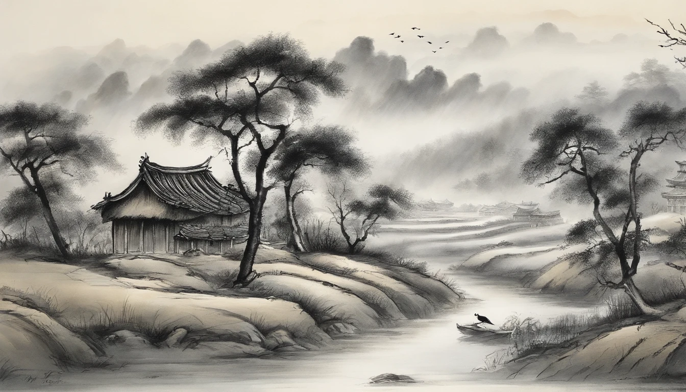 Chinese landscape painting,black-and-white,water ink,inky,Smudge,Faraway view,Ultra-wide viewing angle,meticulous,Light boat in the distance,Faraway view,meticulous,Smudge,low-saturation,Low contrast,Light boats crossed ten thousand heavy mountains,Beautifully depicted,A detailed,acurate,Works of masters,tmasterpiece