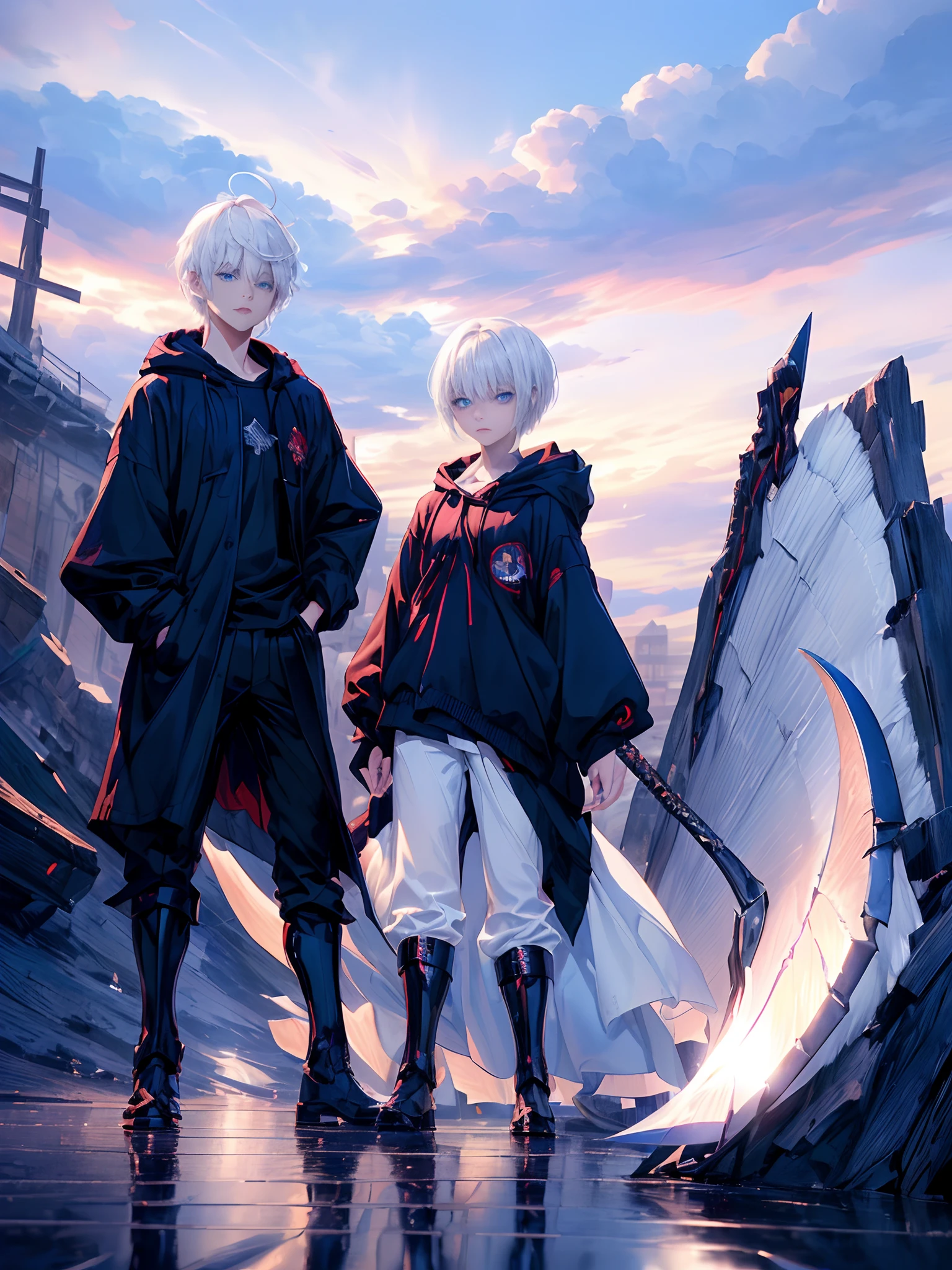((4K works))、​masterpiece、(top-quality)、One Beautiful Girl、One Evil Man、((photo of man and woman))、Slim body、tall、((Black Y-shirt and white pants、Charming street style))、Please wear one jacket、Wearing a hood to hide his face、(Detailed beautiful eyes)、Midnight Combat、In the fight against the demon man、((In battle with cloudy skies))、saddened、suffocating、desolate、((Pitch-black tunnel))、((Face similar to Carly Rae Jepsen))、((Short-haired white hair))、((Smaller face))、((Neutral face))、((Bright blue eyes))、((American adult women))、((Adult female 26 years old))、((cool lady))、((Like a celebrity))、((Korean Makeup))、((elongated and sharp eyes))、((angry expressions))、((In the fight with the sword))、((boyish))、Professional Photos、((Shot by two))、((He's fighting a demon man))、((He is in front of the viewer))、((He is fighting in a distant place))、((In front of him stands an evil man))、horor、Photos of sadness、((Photos during the battle))