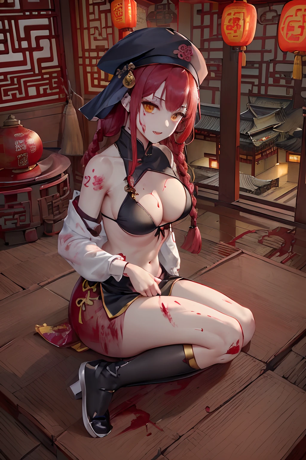 top-quality、Top image quality、in 8K,4K,masterpiece、(NSFW:1.1)、ultra-detailliert、Beautiful、ultra-quality、adult-like、Cool、((Undersized breasts:1.4、Narrow cleavage, under the boobs, (Bloods:1.4), wounds, (Bloody:1.1), Blood everywhere, (Blood on clothes:1.1), blood pool, (Covered with blood:1.3))、Girl Eating People's Flesh(((18year old、Kyungsi Style:1.3、bra very:1.1、Chinese Long Sleeve:1.3、Wearing a Chinese bowl hat:1.5、silber hair、Long braided red hair:1.3、Putting out fangs:1.5、fingers long nails:1.3、Yellow Eye、erotick:1.4、Happiness、The tattoo)))、hiquality、visualart、Background with((Dark Old Chinese House:1.3、Midnight Chinese old house background:1.3、Hordes of the dead in China:1.3、Broken coffin:1.5))、masutepiece
