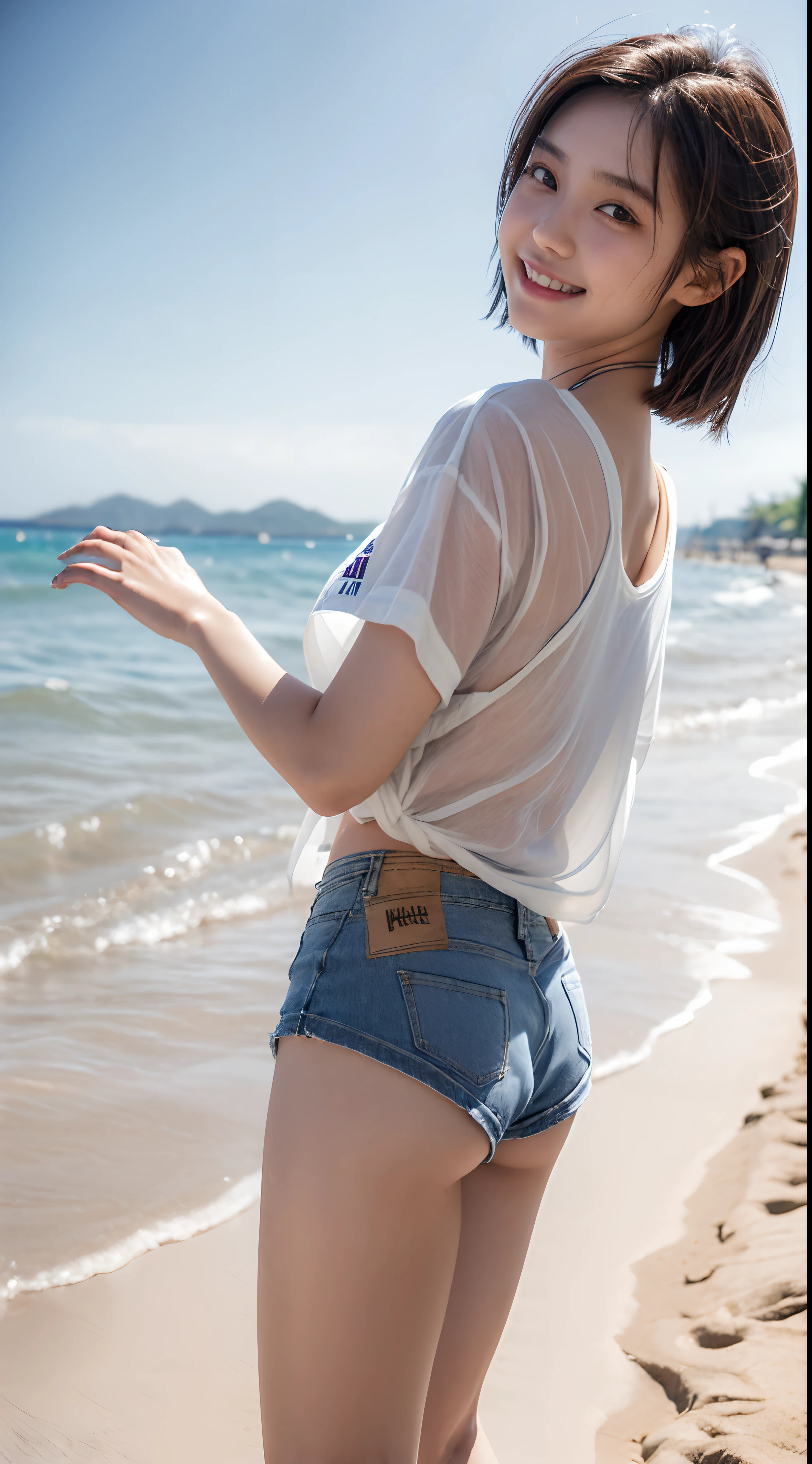 femele,(((Japan12 years old))),Brown hair,(((maikurobikini))),(((denim short pants)))(((White T-shirt))),(((TThe shirt is sheer))).Wet with water,sand beach,Natural smile,((())),Beautiful udder,Shorthair,Facing backwards,Look back