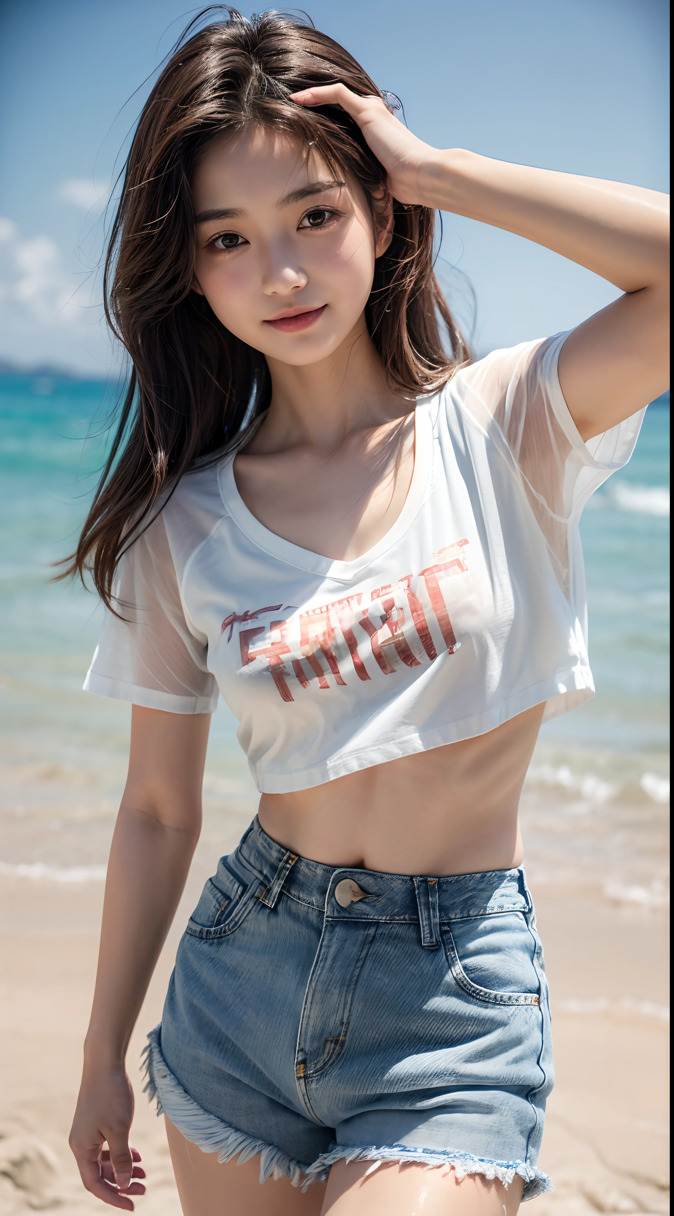 femele,(((Japan12 years old))),Brown hair,(((maikurobikini))),(((denim short pants)))(((White T-shirt))),(((TThe shirt is sheer))).Wet with water,sand beach,Natural smile,((())),Beautiful udder,Shorthair,Facing backwards,Look back