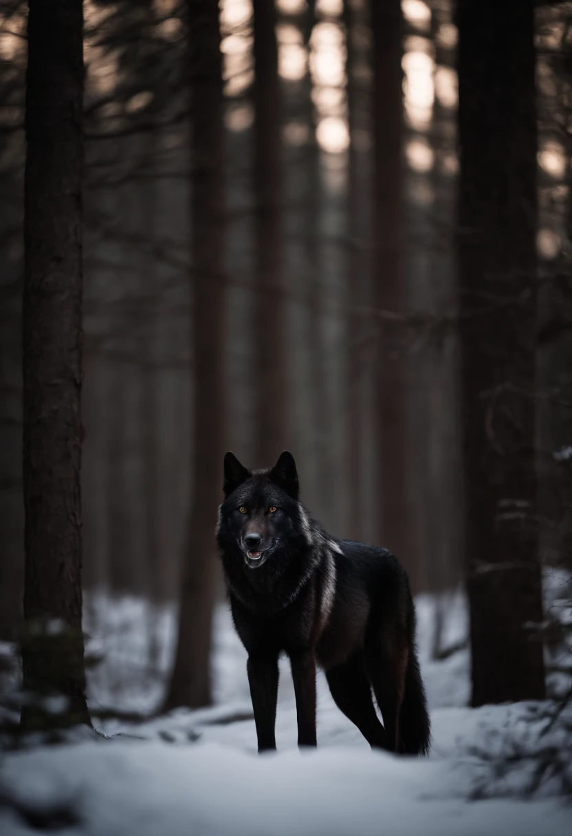 A giant black wolf sturdy on its feet in the middle of a forest
