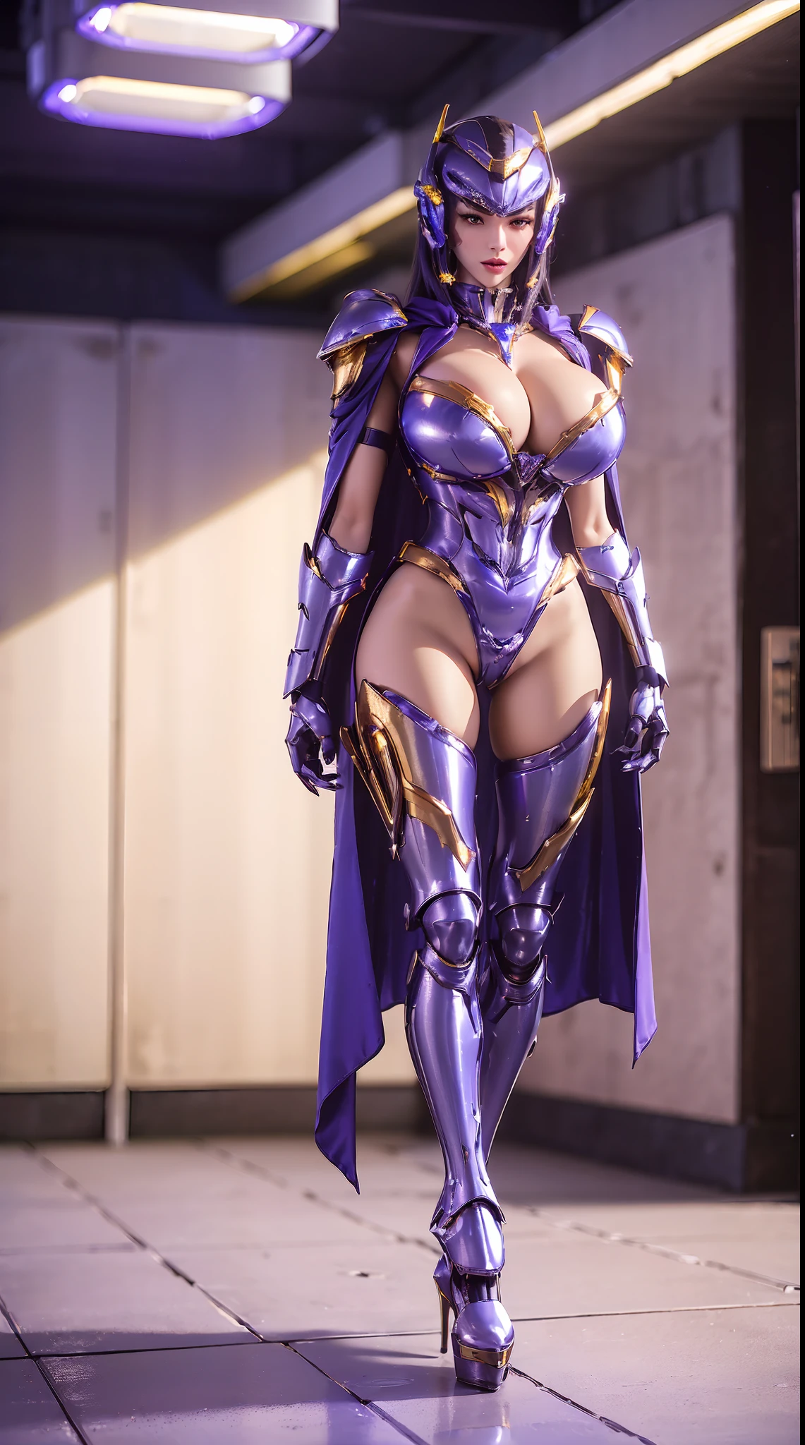 (1GIRL, SOLO), (super detailed face, red_libs, black_hair), (Phoenix mecha helmet:1.2), (BIG BUTTOCKS, MUSCLE ABS, HUGE BOOBS:1.5), (MECHA GUARD ARM:1.3), (white, purple, gold, MECHA CYBER SHINY ARMORED SUIT, CLEAVAGE, BLACK MECHA SKINTIGHT SUIT PANTS, ROYAL LARGE CAPE, MECHA GUARD ARMOR LEGS, MECHA HIGH HEELS:1.5), (MUSCULAR BODY, SEXY LONG LEGS, HALF BODY:1), (LOOKING AT VIEWER:1.3), (famale focus:0.786), (WALKING DOWN HALLWAY OF FUTURISTIC SPACE STATION:1), (BRIGHT LIGHTING:1.3), PHYSICALLY-BASED RENDERING, ULTRA HIGHT DEFINITION, 16K, 1080P.