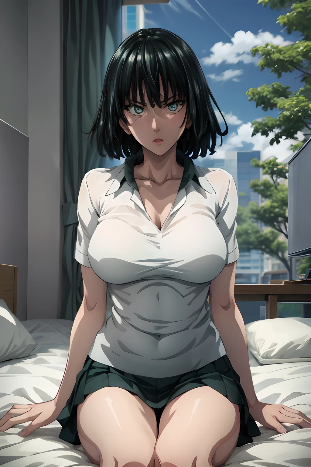 Fubuki desnuda, mirando hacia arriba, mirando al espectador, recostada en una cama,