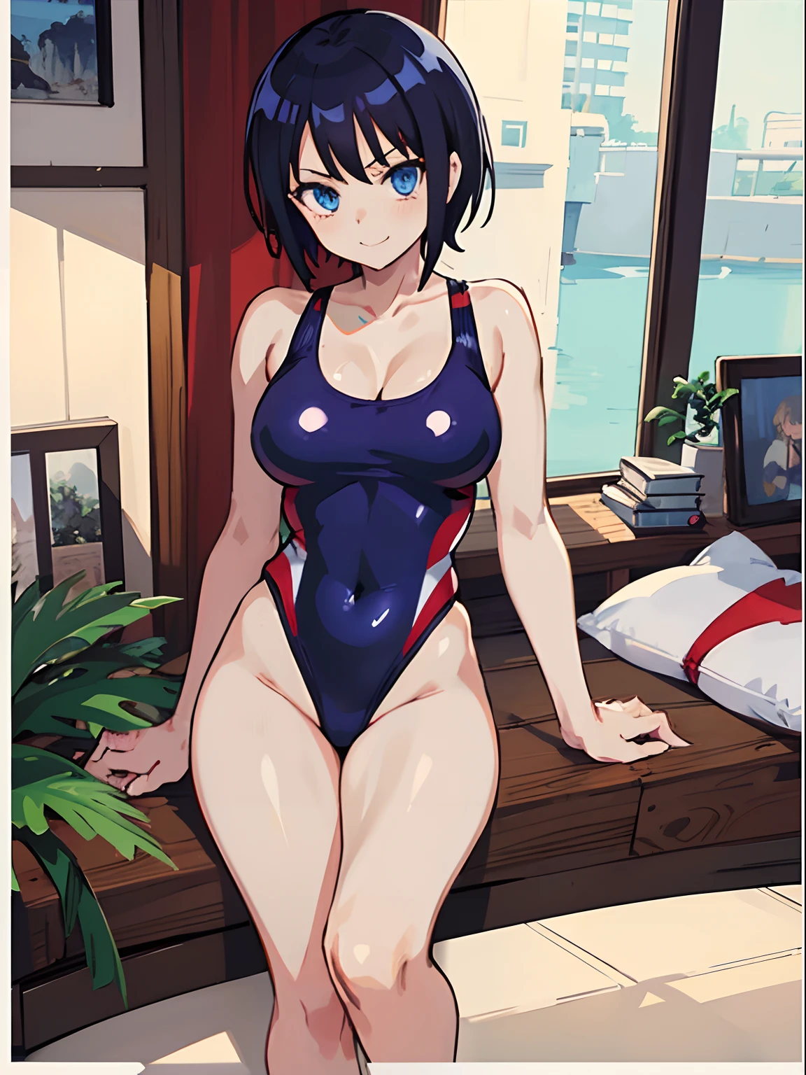 masutepiece, Best Quality, Highly detailed, hight resolution,Karen Stadtfeld,Blue eyes, Hair intake, Large breasts, Red hair, Short hair,spiked hair+,MKSKS style,(onepiece swimsuit:white:1.5)+ white_Swimsuit+,{{{livestream, Live stream screen view, Smile, }}}, Play button, Seeking, 1girl in, pajamas, White Mouth Mask, cleavage, {{{Text}}}, Comments by Bilibili, Sexy Pose,Sexy