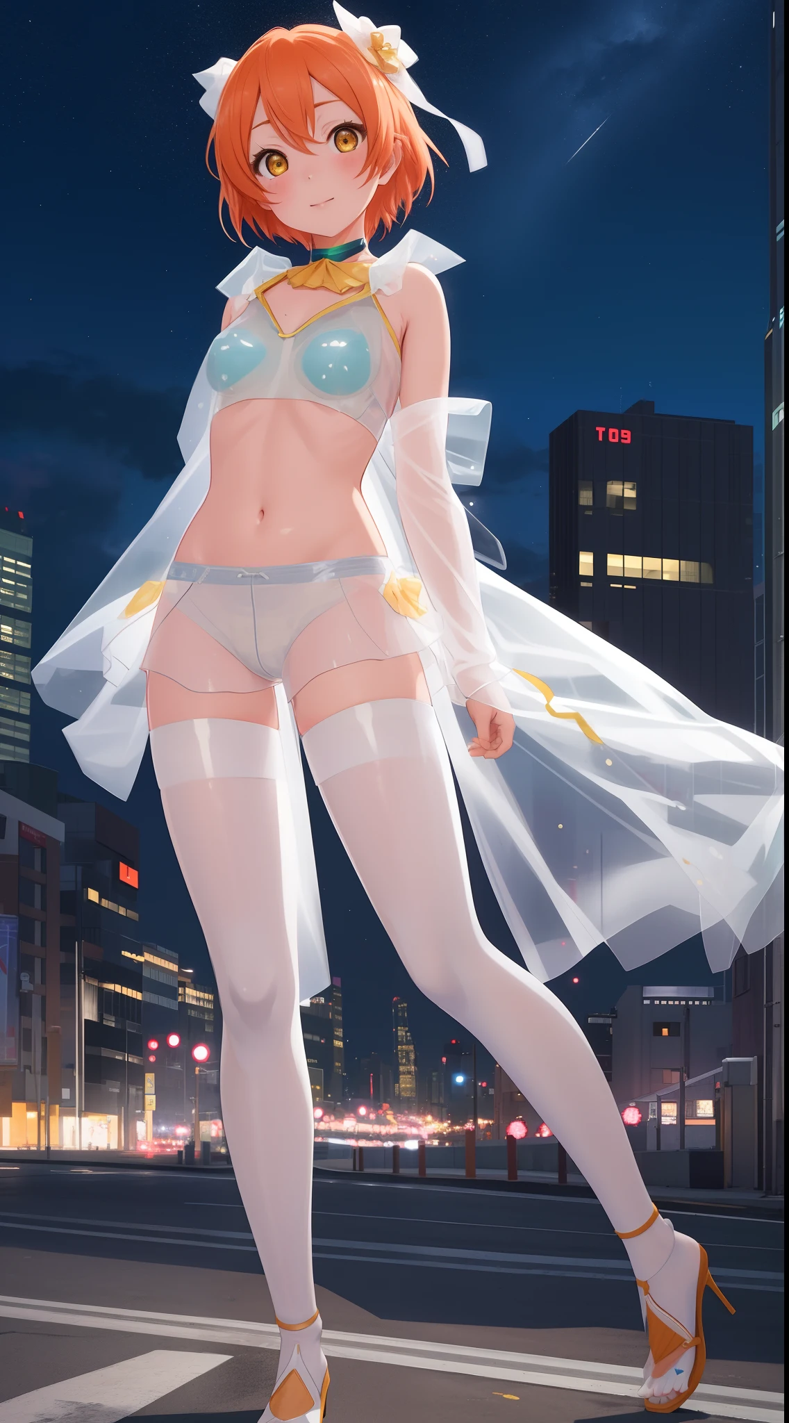 Masterpiece, Hoshizora rin,a beautiful urban female model, full body white transparent clothes standing under empty night stars, disappearing transparent pants,  standing, facial details, detailed body part details, 8k wallpaper