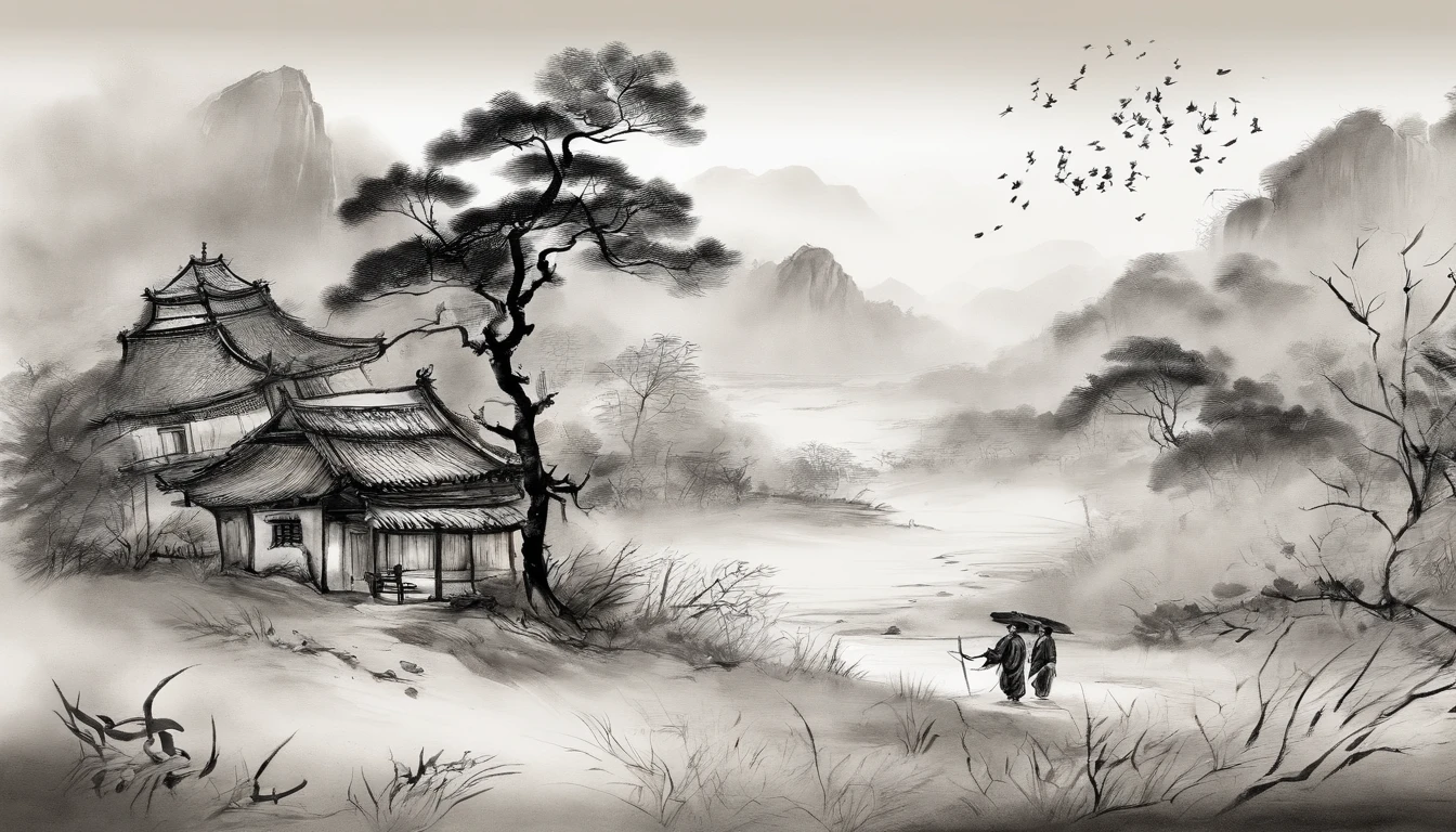 A group of poor people in rags walked in the desolate field, ren xun and maruyama ōkyo, author:Cui Bai, author:Gu An, author:Lee Young-jin, author:Xu Beihong, author:Ji Yunfei, author:Chen Daofu, author:Dong Qichang, author:Gaige, author:Li Di, author:Guan Daosheng,Black and white ink painting,Black and white gray,(Chinese landscape painting),(ink and watercolor painting),(8k wallpaper),Extremely detailed picture depiction,wide angles,depth of fields,tmasterpiece,realisticlying,Beautifully depicted,A detailed,acurate,Works of masters,tmasterpiece