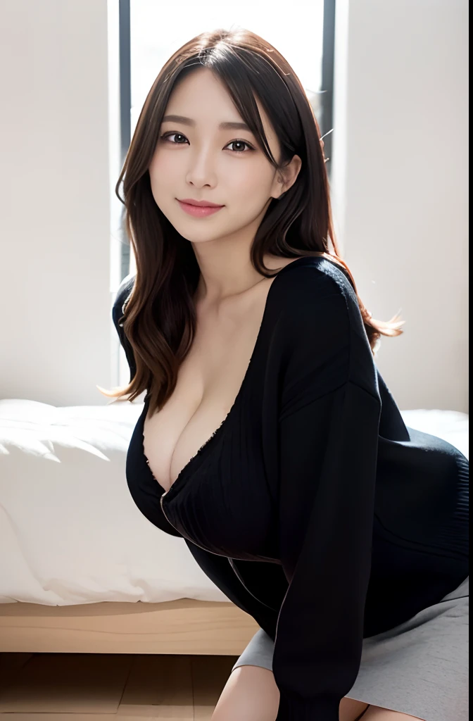 (Best Quality, 8K, 32K, masutepiece, nffsw:1.2), (very intricate:1.3), (Photorealistic:1.4), Japan at the age of 18, oppai, POV, ((Oversized sweater in black)), downbrouse, (Leaning forward:1.3), Braless, Bedroom, Looking at the viewer, Daytime indoors, Soft Focus、A smile、skirt by the、large full breasts、The bra is slightly visible、Longhaire、((Mole on the mouth:1.2)),((from side view))