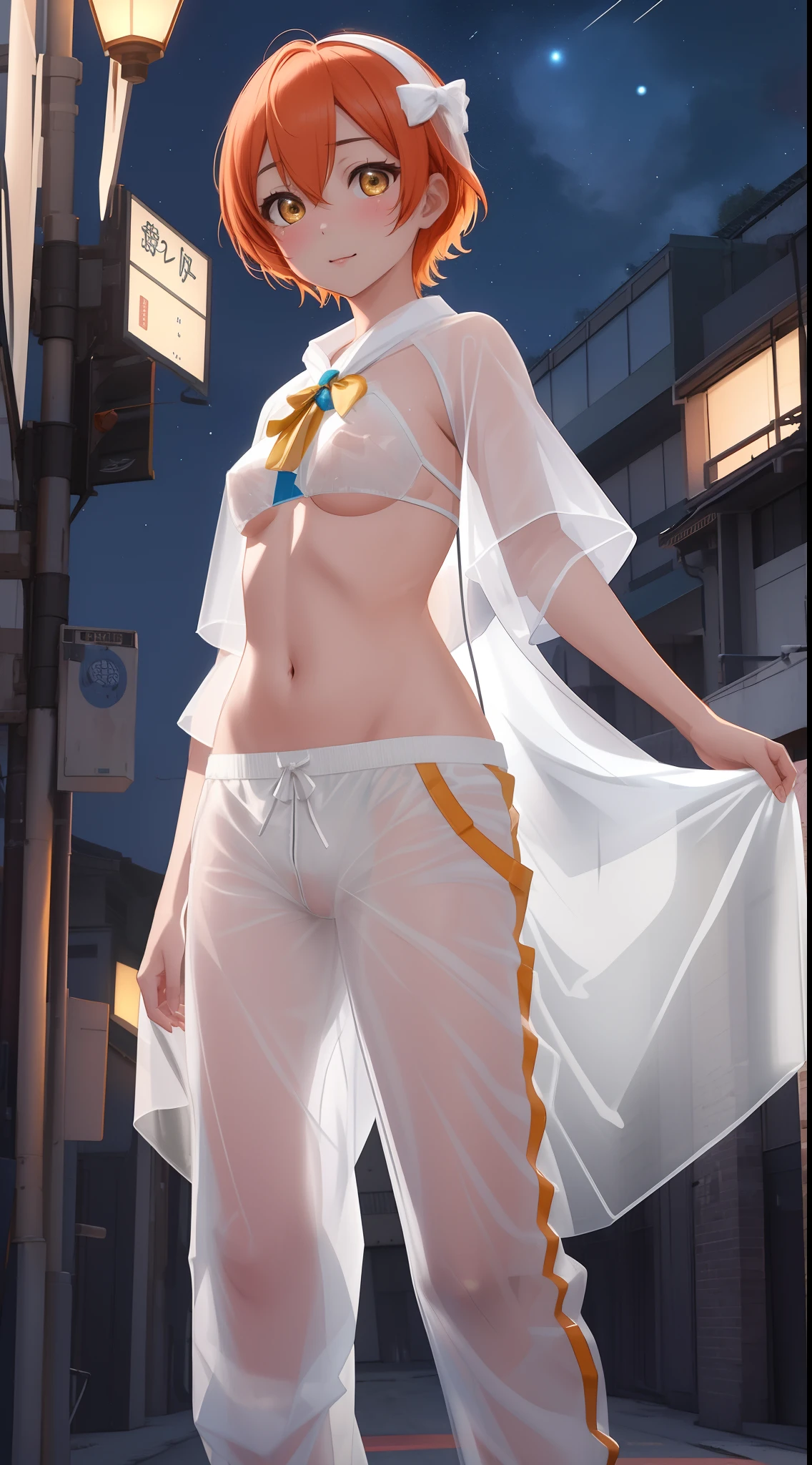 Masterpiece, Hoshizora rin,a beautiful urban female model, full body white transparent clothes standing under empty night stars, disappearing transparent pants,  standing, facial details, detailed body part details, 8k wallpaper, cowboy shot