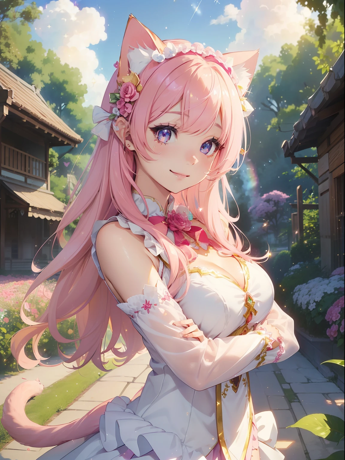 masutepiece, High resolution, 8K, anime woman, Delicate and detailed writing 、Detailed digital illustration、Very long hair and shiny、Bangs、a very beautiful woman、Eyes are double, Large, Bust is D cup、High image quality, High quality、Detailed background、(((Wearing idol clothes)))、((Colorful flower garden、Very beautiful background of clouds and rainbow in the sky))、(The inside of the eye shines like a diamond、Light pink hair、Gradient pupil、(((2 arms、4 fingers, 1 thumb)))、Detailed female face、Very beautiful and cute woman、、细致背景、masterpiece、Soft Focus , Bright gradient watercolor , Lens Flare , (((Glitter))) , Glow , Dreamy ,Idol、Pink ribbon、Very beautiful red rose hair accessories、Pink and gold outfit、White is the main costume、((Full smile))、((Macro for the eyes))、(((Cat's ears、Cat costume)))、((Cross your arms behind your back)))