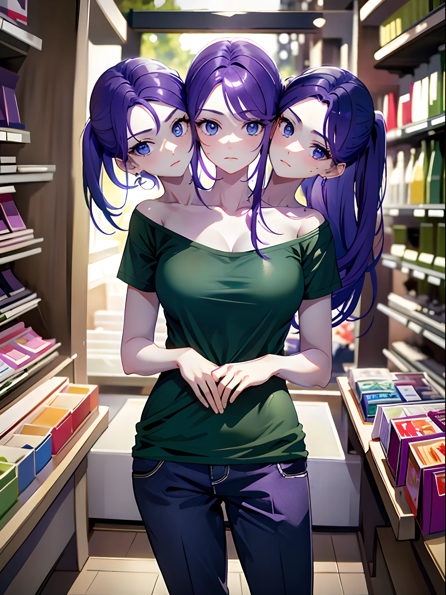 (masterpiece, best quality), best resolution, (3heads:1.5), 1girl, purple hair, blue eyes, different facial expressions, contemplative, trying to decide what to buy, green t-shirt, black pants, shirt racks, clothes store