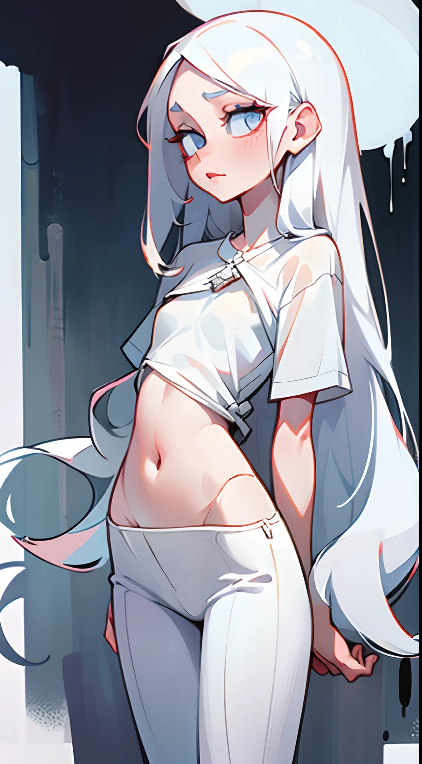 Girl with long thin white hair, White Skin Skin, Slim, beatiful face, little chest, Depraved, Sexy, in a wet t-shirt, white sneakers, Full-length