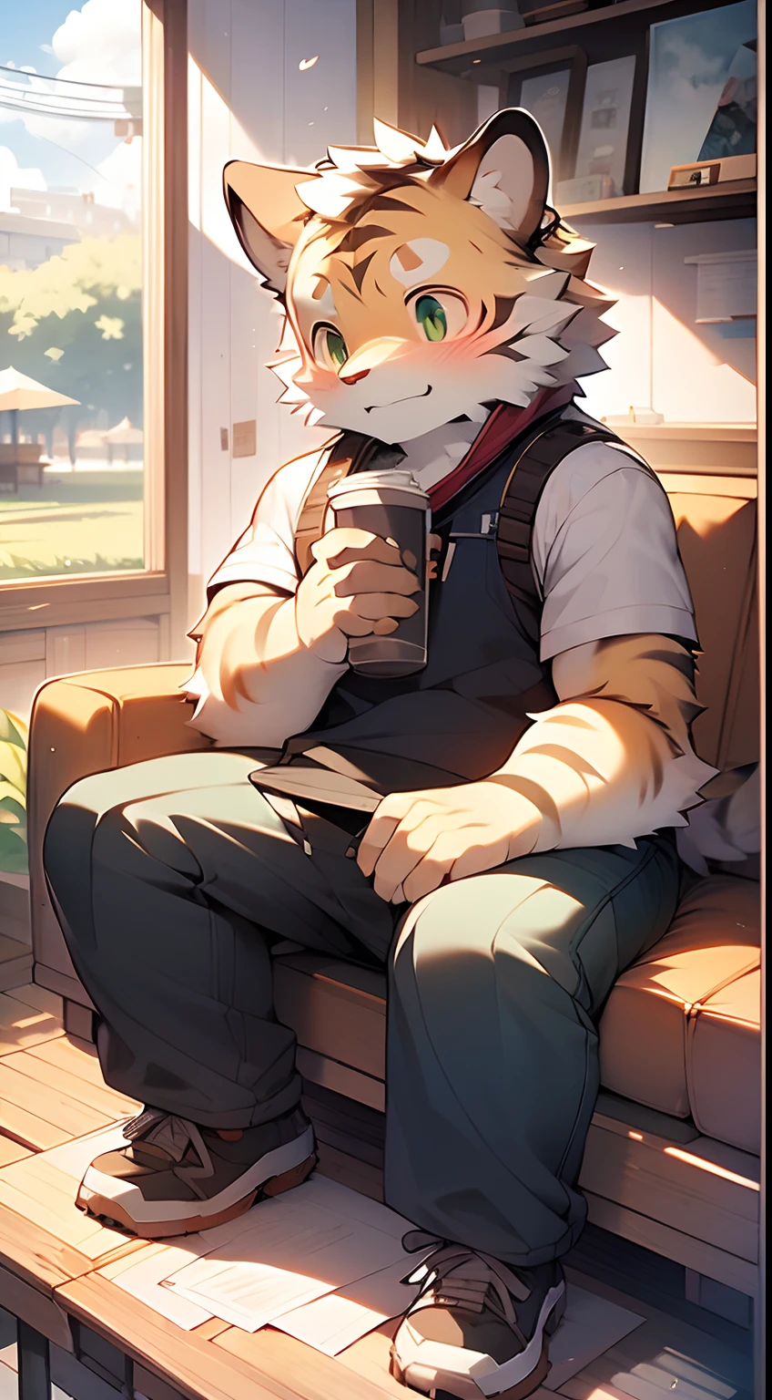 Masterpiece, Best quality, Perfect anatomy, author：K0bit0wani, author：Milk Tiger 1145, (author：Dex:0.3), Furry, coyote, tiny ears, Solo, Male, baggy pants, Tight red vest, Eau, Abs, Small raised, Slightly chubby figure, In brewing coffee, Detailed background, music sheets, Leaning back, Butterfly, Grass，Shota，Libido boy