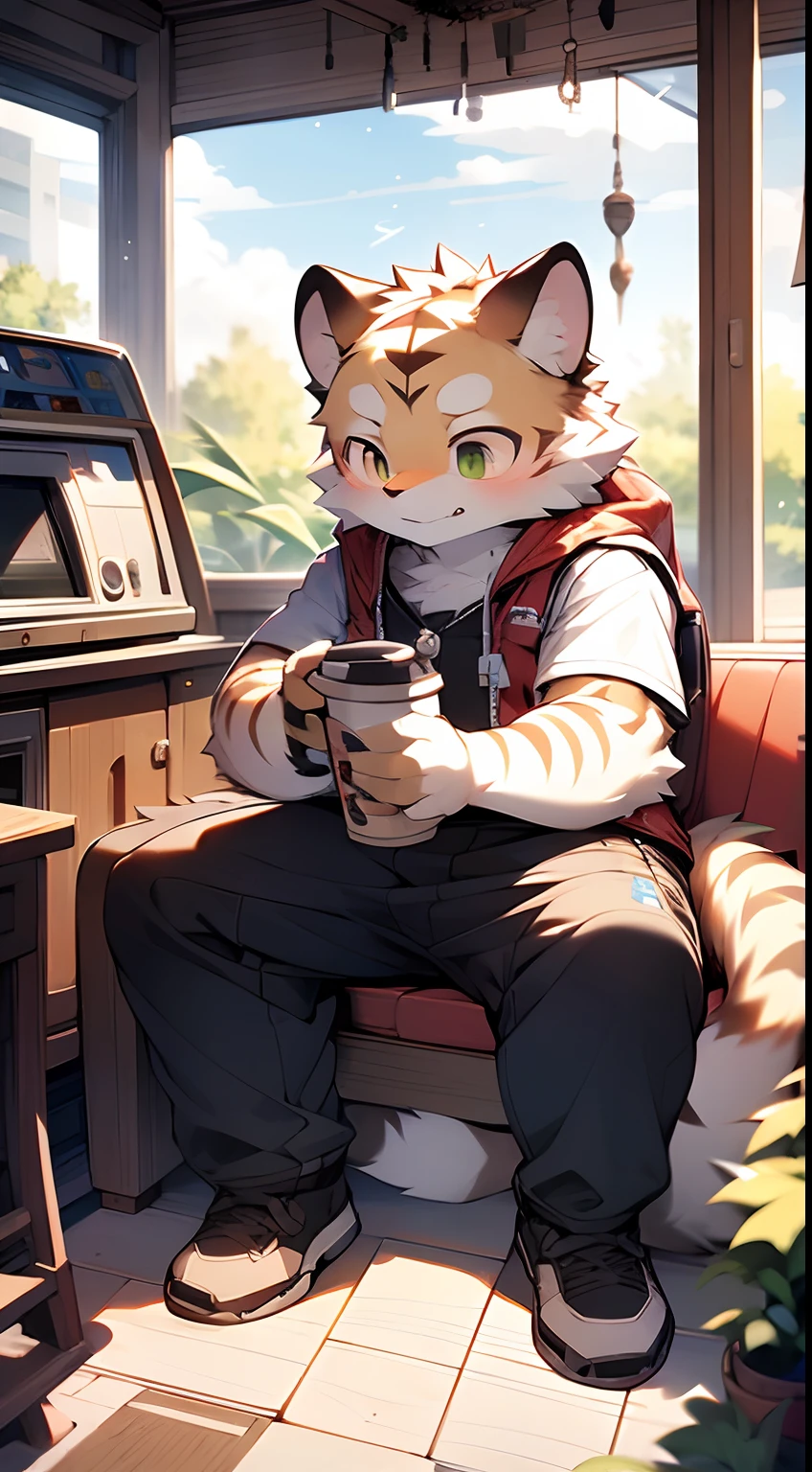 Masterpiece, Best quality, Perfect anatomy, author：K0bit0wani, author：Milk Tiger 1145, (author：Dex:0.3), Furry, coyote, tiny ears, Solo, Male, baggy pants, Tight red vest, Eau, Abs, Small raised, Slightly chubby figure, In brewing coffee, Detailed background, music sheets, Leaning back, Butterfly, Grass，Shota，Libido boy