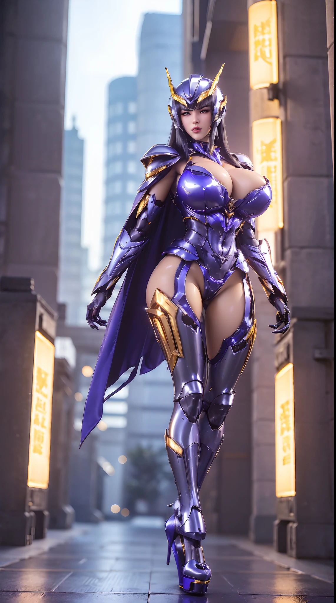 (1GIRL, SOLO), (super detailed face, red_libs, black_hair), (Phoenix mecha helmet:1.2), (BIG BUTTOCKS, MUSCLE ABS, HUGE BOOBS:1.5), (MECHA GUARD ARM:1.3), (white, purple, gold, MECHA CYBER SHINY ARMORED SUIT, CLEAVAGE, BLACK MECHA SKINTIGHT SUIT PANTS, ROYAL LARGE CAPE, MECHA GUARD ARMOR LEGS, MECHA HIGH HEELS:1.5), (MUSCULAR BODY, SEXY LONG LEGS, HALF BODY:1), (LOOKING AT VIEWER:1.3), (famale focus:0.786), (WALKING DOWN HALLWAY OF FUTURISTIC SPACE STATION:1), (BRIGHT LIGHTING:1.3), PHYSICALLY-BASED RENDERING, ULTRA HIGHT DEFINITION, 16K, 1080P.