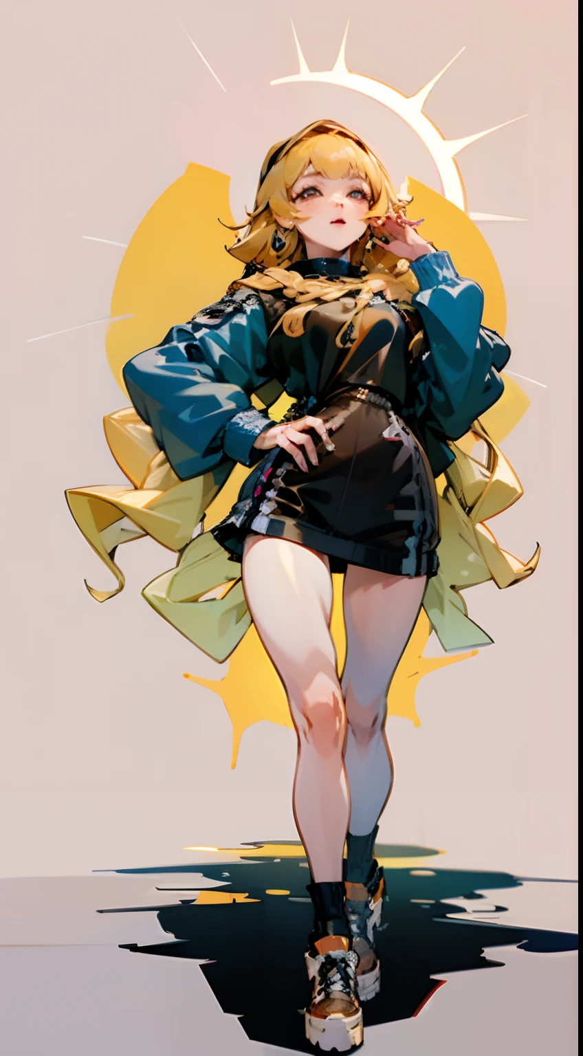 denim outfit, PERFECT BODY, CURVY HIPS , back to camera, flowers on floor, under water aquarium room, full body, posing on floor, cute, thick thighs, translucent clothes, defined body, soft skin, freckles, shy, flirty, long legs, platform sneakers, ribbons, glossy lips, dynamic pose, floor pose, looking up at camera, sneaky expression, golden eyes, girl, platinum white hair, wavy hair, anime style, digital art, happy, happy eyes, hands up, light pink sweatshirt with Neymar Jr print, loish, dazzling, soft light, color blocking in background, splatters of paint,sun glow, back light,
