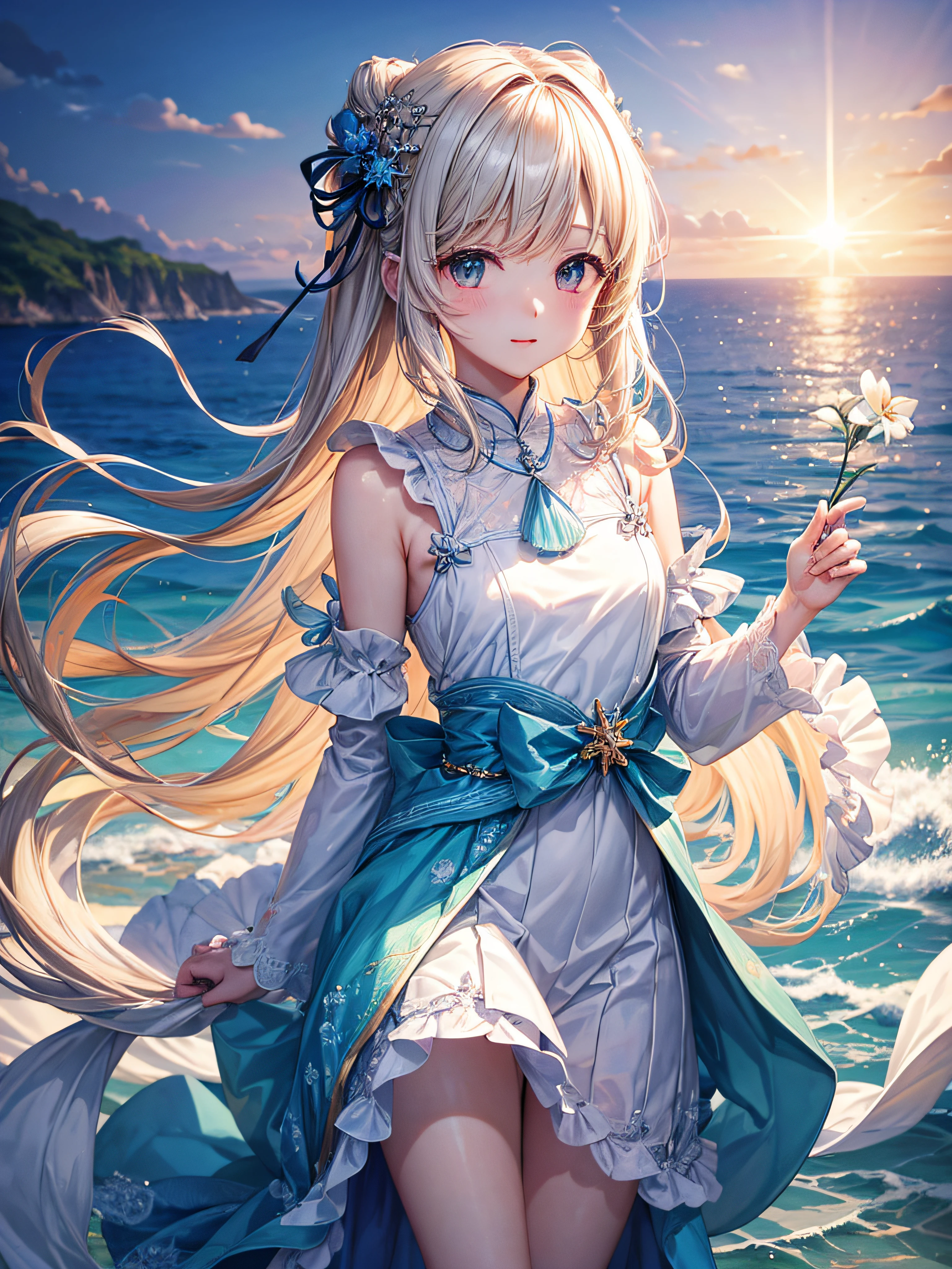 cute little、The background is the sea、masterpiece、Beautiful clothes、with light glowing、ren、It features a simple、screw、年轻