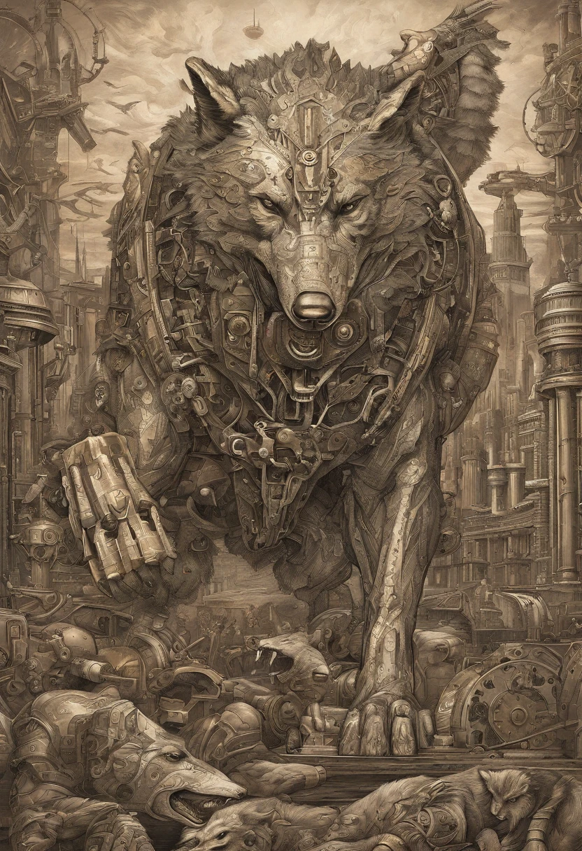 A ferocious humanoid wolf fighting violently against another humanoid wolf in the middle of a futuristic city filled with humanoid animals
