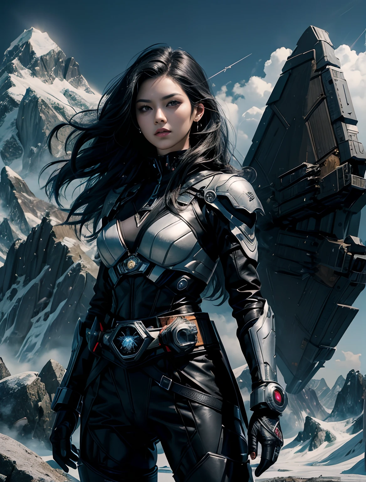Beautuful Women. Black hair. He wears a black combat suit, He wears something like a Kamen Rider transformation belt around his waist.. Behind her is a small triangular spaceship. The spacecraft is anchored on the mountainside. 8K image quality. cyberpunked.