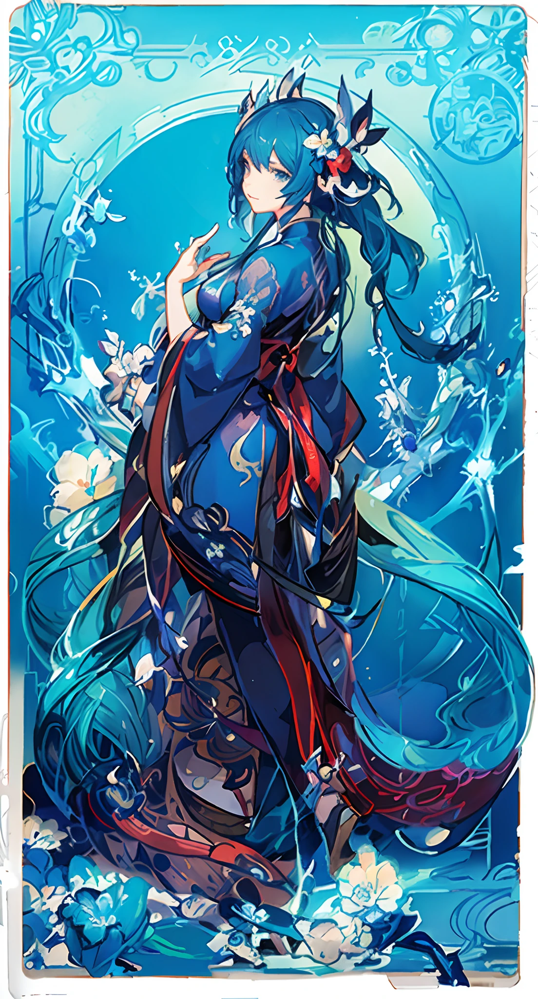 Anime character with long hair and blue dress holding a sword, Onmyoji detailed art, Alphonse mucha and rossdraws, A beautiful artwork illustration, trending on artstation pixiv, Beautiful anime artwork, Anime fantasy illustration, onmyoji, Digital art on Pixiv, clean and meticulous anime art, Beautiful anime art, anime graphic illustration, korean art nouveau anime, anime illustration