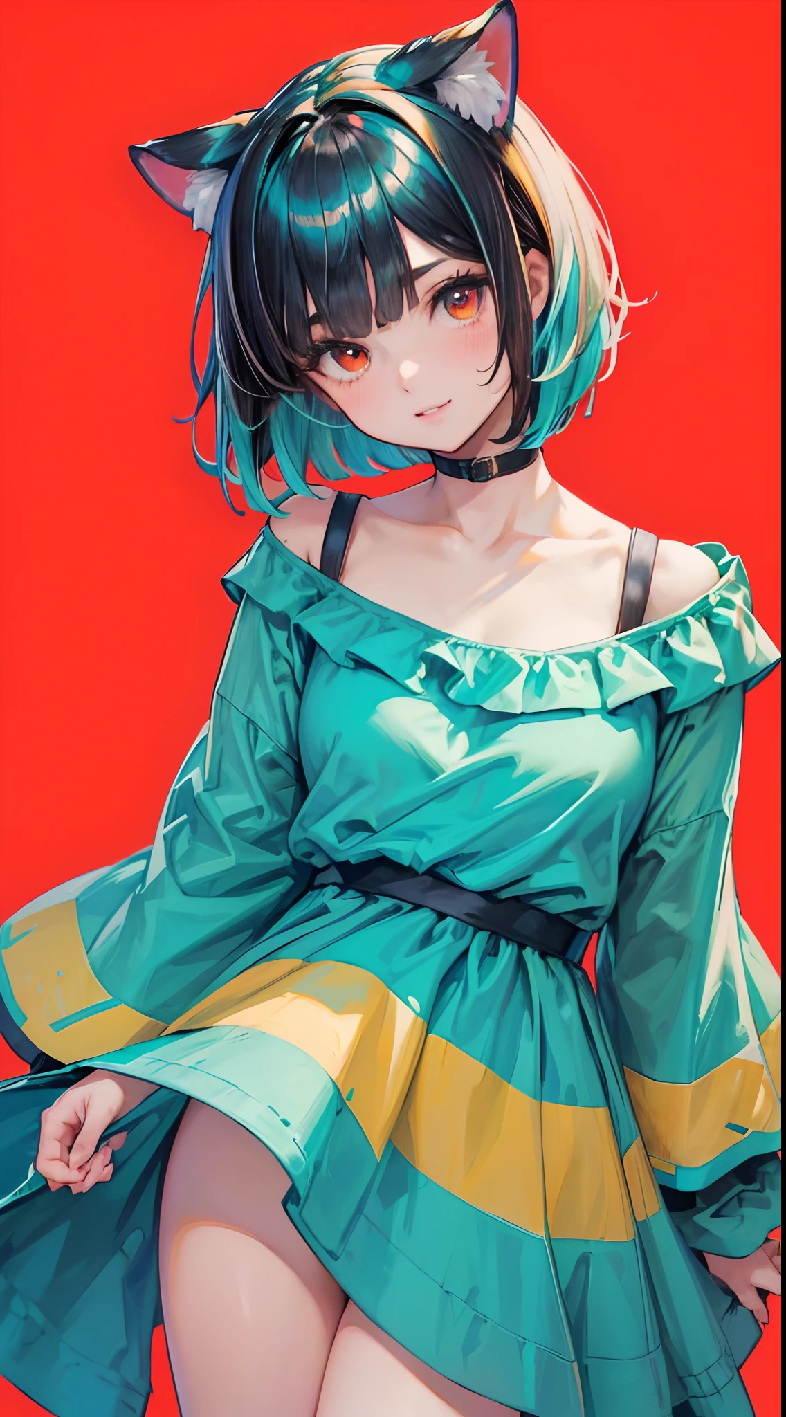 close-up portrait of ((solo 1girl, nekomimi)), ((short black hair in a wavy bob-cut with turquoise highlights)), big grin, side glance, masterpiece, red eyes, (simple plain background), (one-side off-shoulder dress), head tilt, vivid colors, extra long sleeves