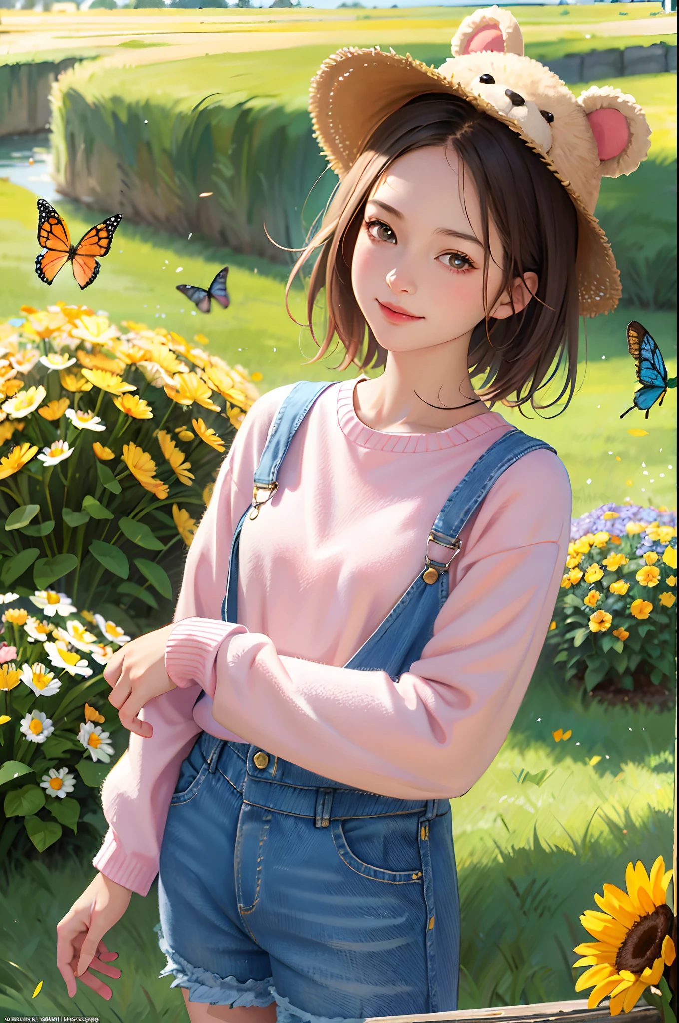 (masterpiece:1.5, best quality:1.5), (hyper realistic:1.5), (photo realistic:1.5), (real picture, intricate details), looking at viewer, (8k wallpaper:1.5) (from knee to head):1.15 ), (Facial Detail: 1.5), (Eye Detail: 1.5), (Sharp Photo), High Detail, Super Detail, Super High Resolution, (Strong Depth of Field: 1.5) Style- Cute and Playful Positioning- Open Scene Background-Blue Sky and White Clouds Main body - little girl in a pink sweater with animal ear hat and holding a teddy bear POV - Front view Appearance - short hair, bright eyes, rosy cheeks Costume - pink sweater, denim overalls, white sneakers, animal ears Hat pose - standing smiling and hugging a teddy bear Detail - wildflowers and tall grass in the background, with butterflies and birds flying around Effect - warm sun shining on the girl, casting a soft glow Description - a cute and innocent girl enjoying her time in open field surrounded by beauty of nature. She is wearing a pink sweater, denim overalls, and a hat with animal ears, holding a teddy bear. The warm sun shone on her, and wild flowers swayed gently in the breeze. Butterflies and birds flutter around her, adding to the playful atmosphere.