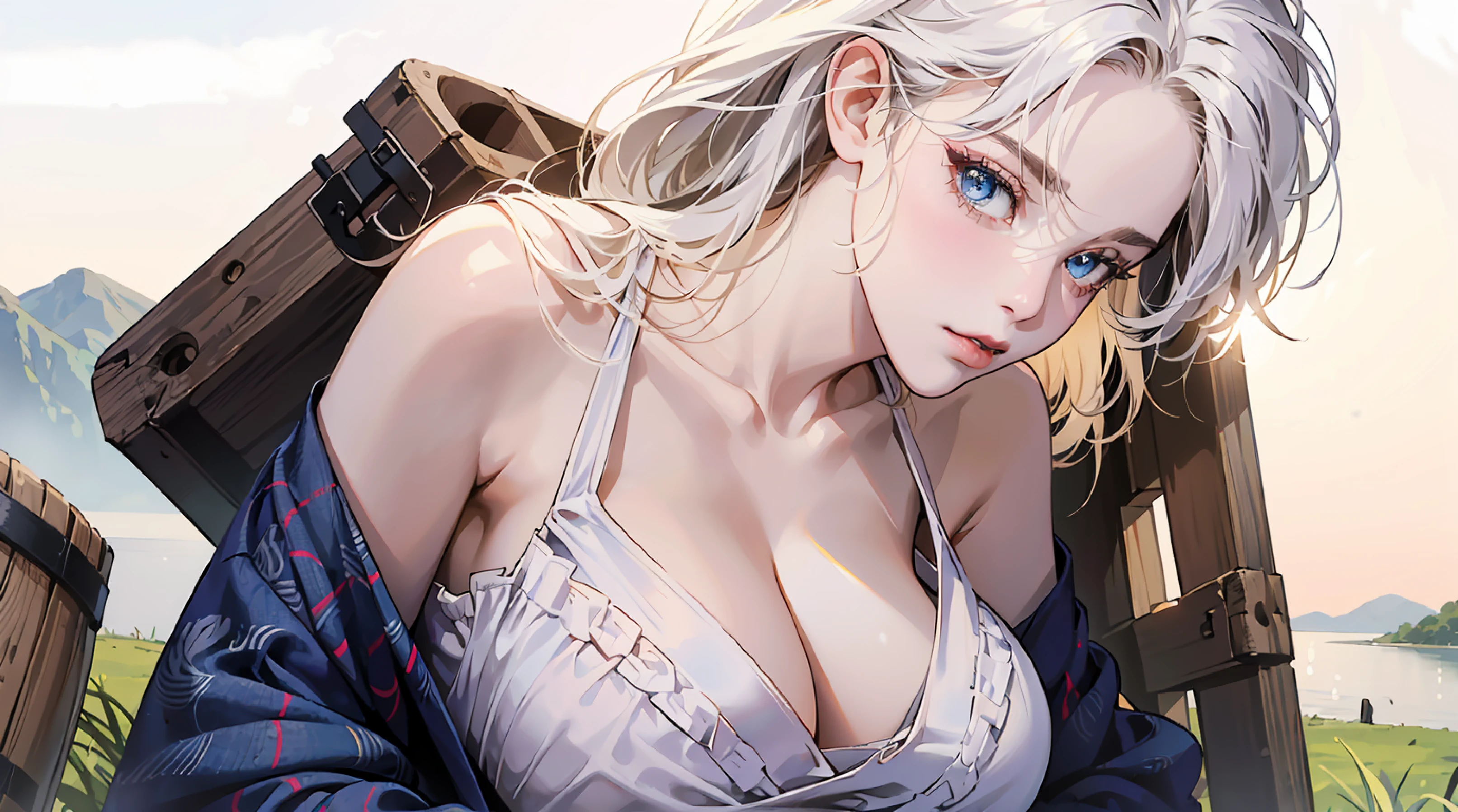 Woman walking down the street with blue jeans jacket, Revealing clothes, wearing tight shirt, touching her clothes, her navel is exposed, Open V chest clothes, barrel chested, sideboob barbosa, Tight shirt, cleavage, waist - shot, big shoulders, wearing a cute top, close up half body shot, Shot over the shoulder, ((((masutepiece, Best Quality, High resolution)))), extremely detailed 8K, Beautiful woman with mature body, (Mature Woman:1.5) (Ultra HD, Ultra-detailed, Highly detailed, Highly realistic, Ultra-realistic, photos realistic), (1womanl:1.5), (Solo:1.5) (realistic white hair), (White hair:1.2) Long wavy hair, (pale skin:1.1) (Dynamic Poses), facing at camera, (Upper body:1.5), (Breast:1.5) (blush:1.1) lightsmile, Parted lips, Blue eyes, (Huge breasts: 1.2), cleavage, (beautifull detailed face, Beautiful detailed eyes), Fluffy off-shoulder yukata, (No bra:1.1), see through, Outdoors, On a picturesque hill, Hill background,
